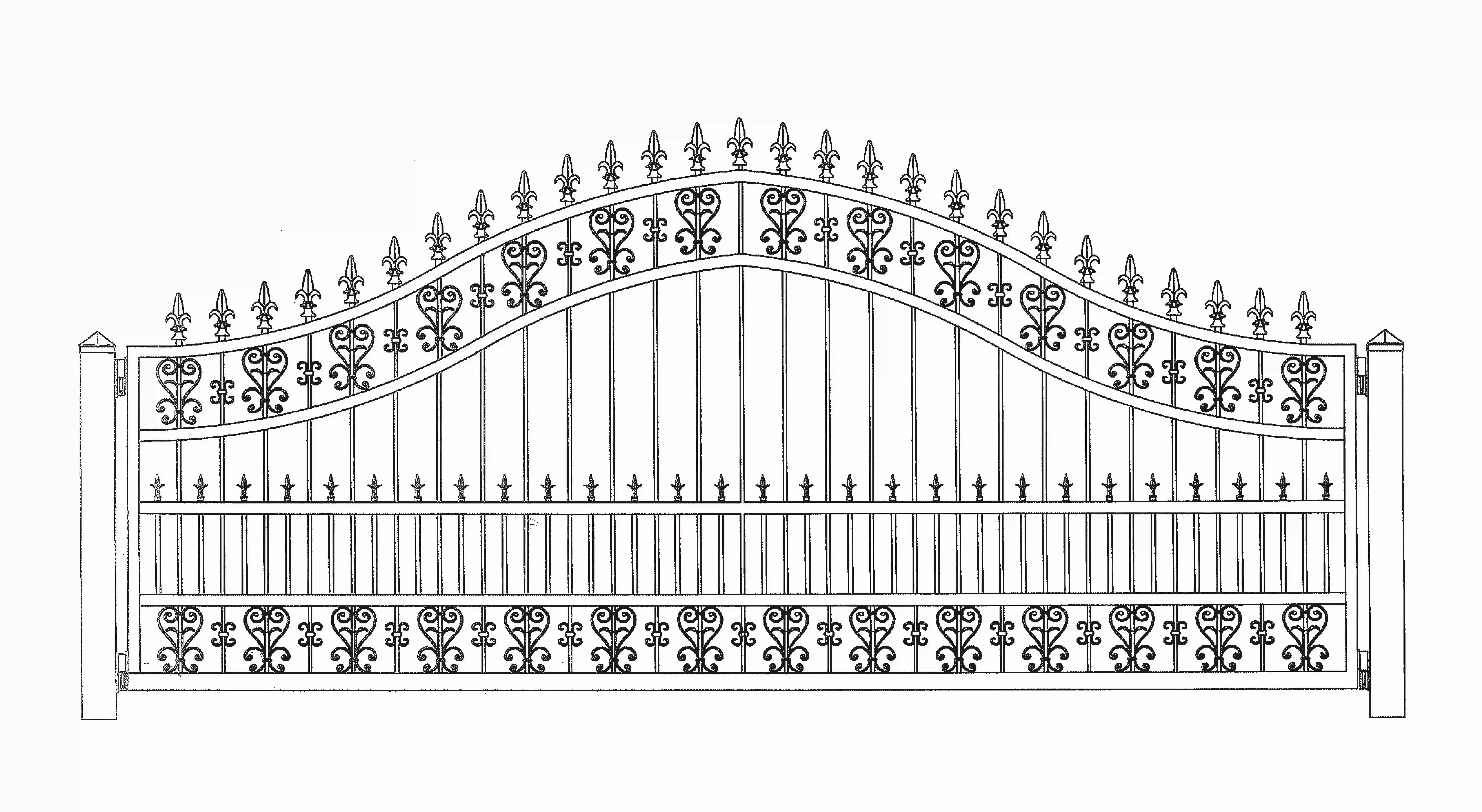 a line drawing of a very intricate iron gate 