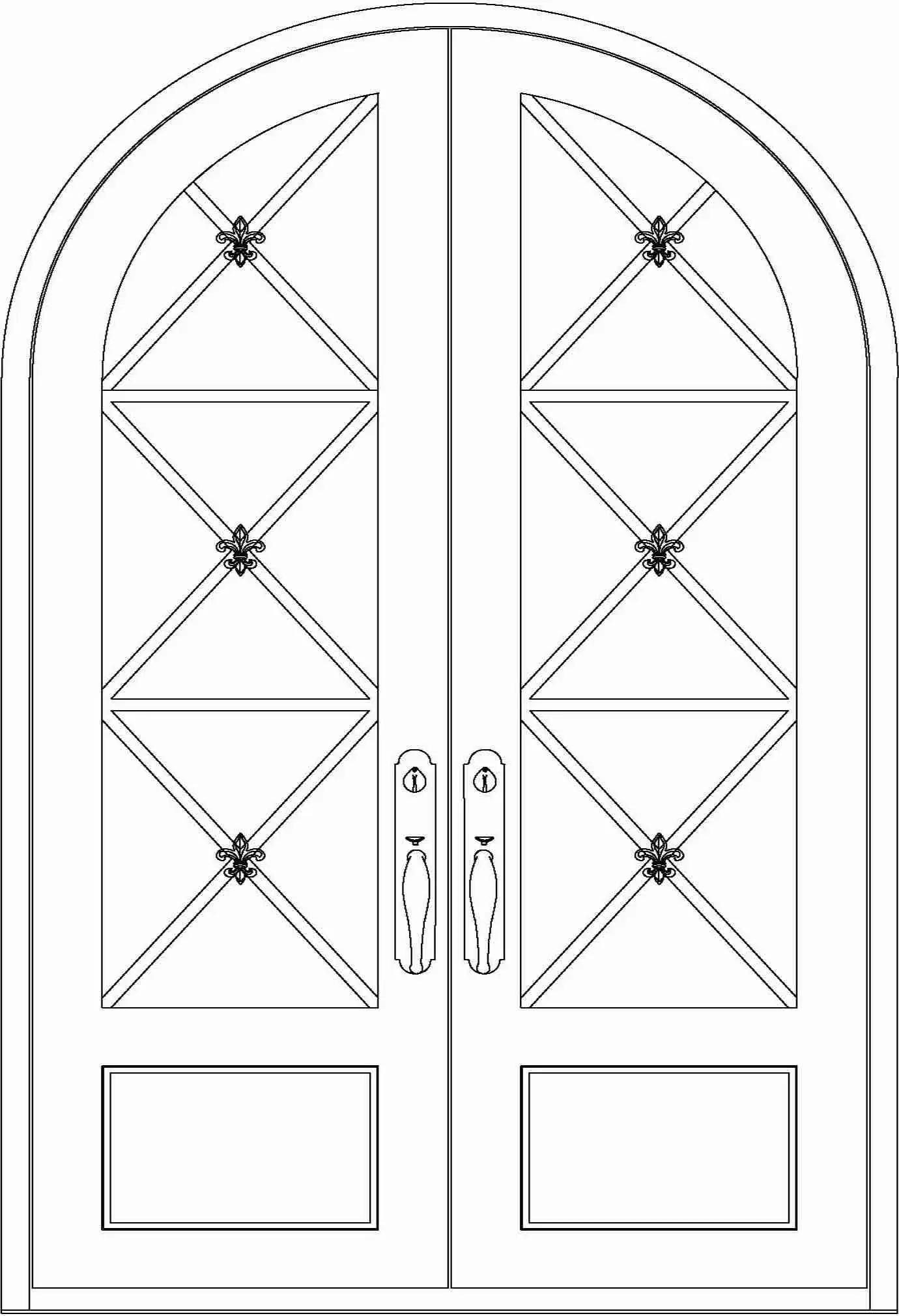 a line drawing of a black iron door with large panes of glass on each door with intricate black iron X's on each. The door is arched into a half circle at the top
