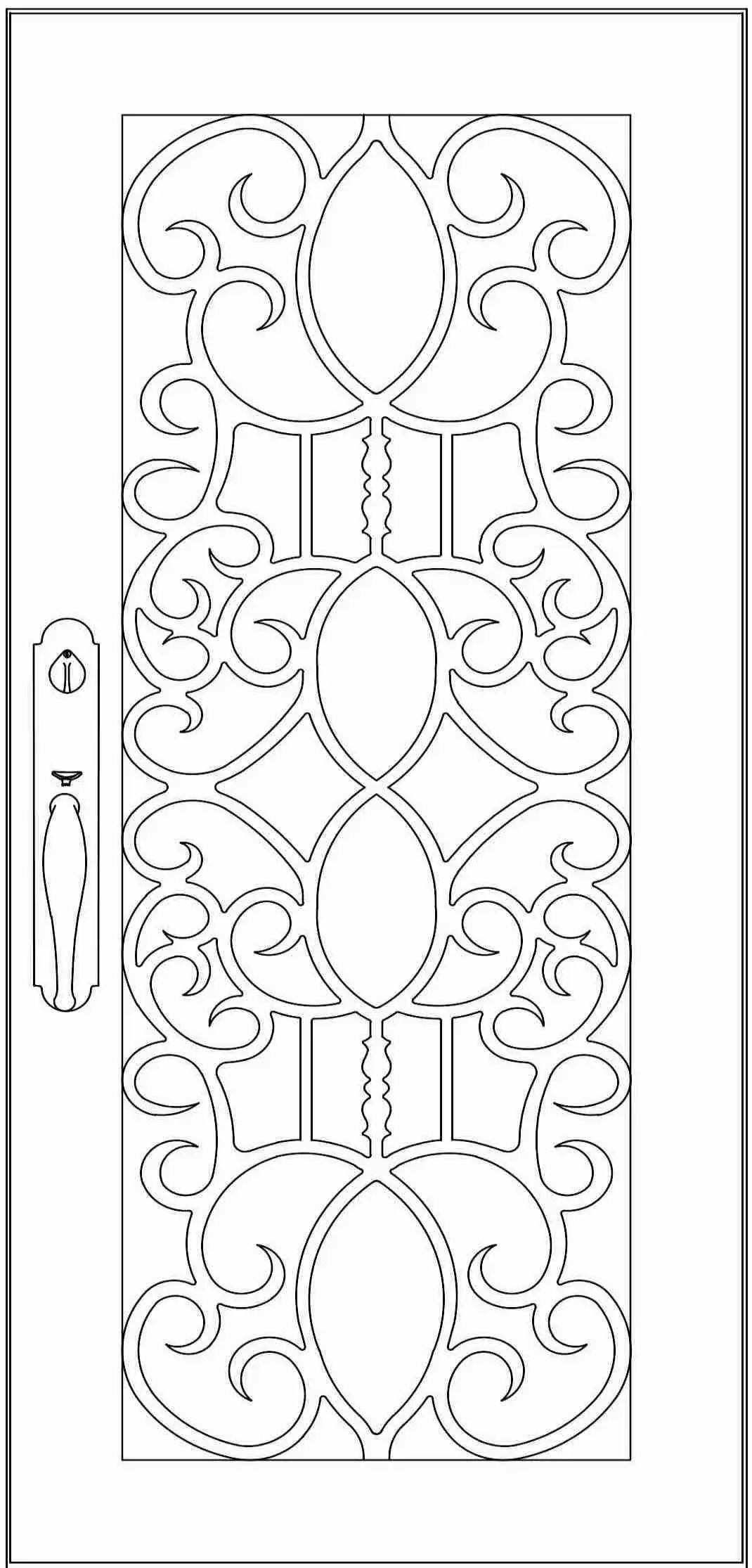 single entry door black and white sketch with swirling lines in flower like patterns