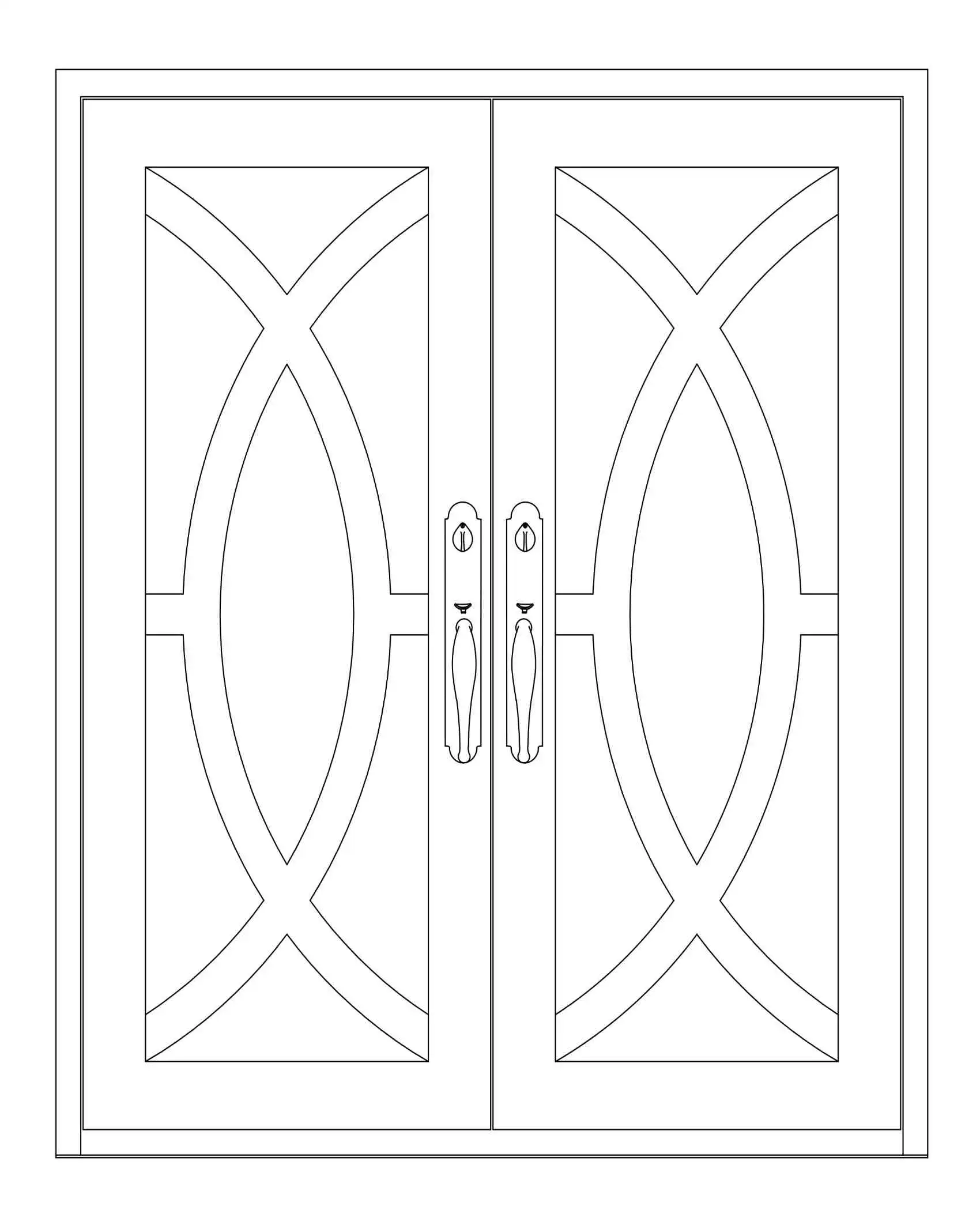 a line drawing of a double entry door with 2 large top to bottom glass panes on each door with half circle iron details on both panes