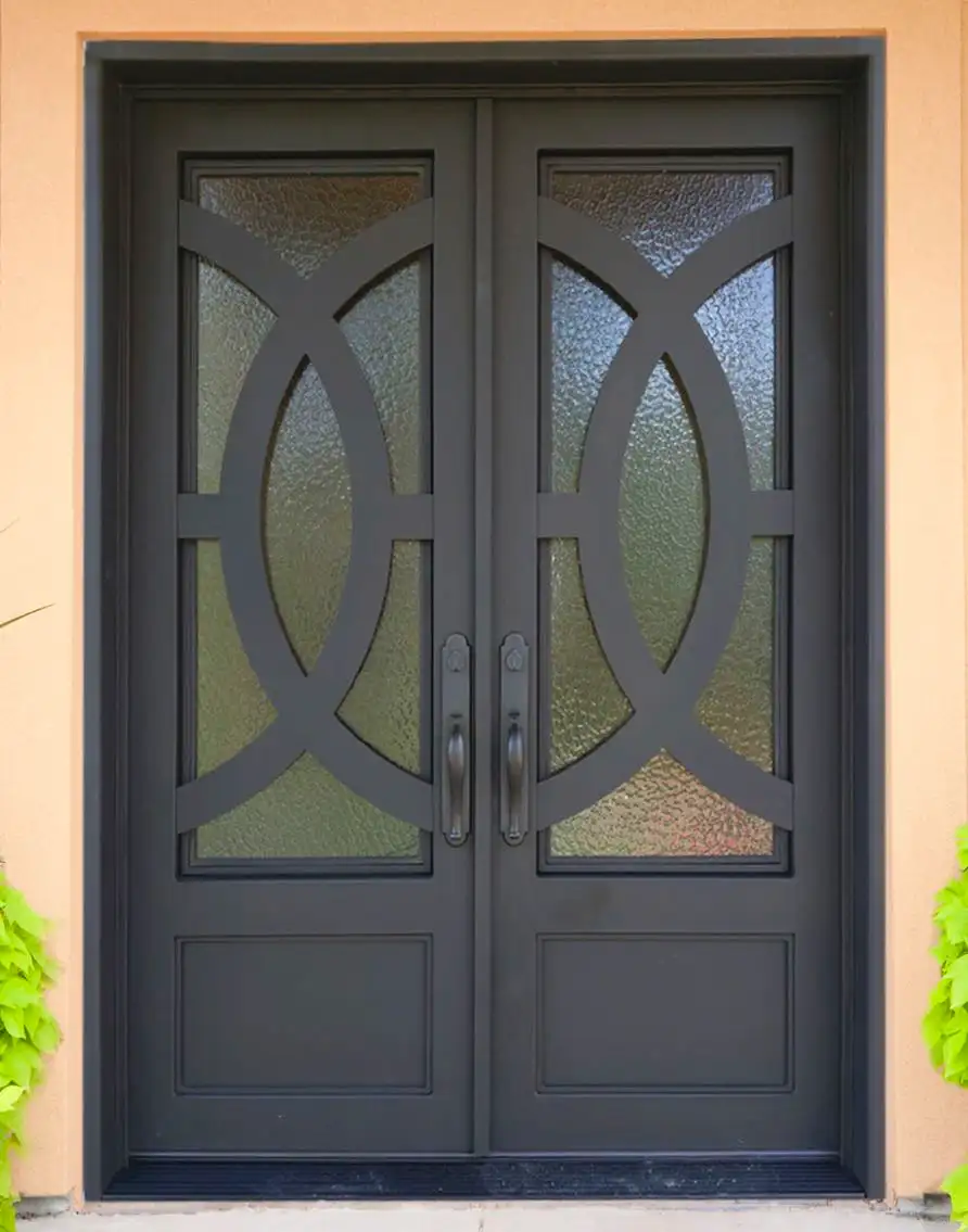 a line drawing of a double entry door with 2 large top to bottom glass panes on each door with half circle iron details on both panes