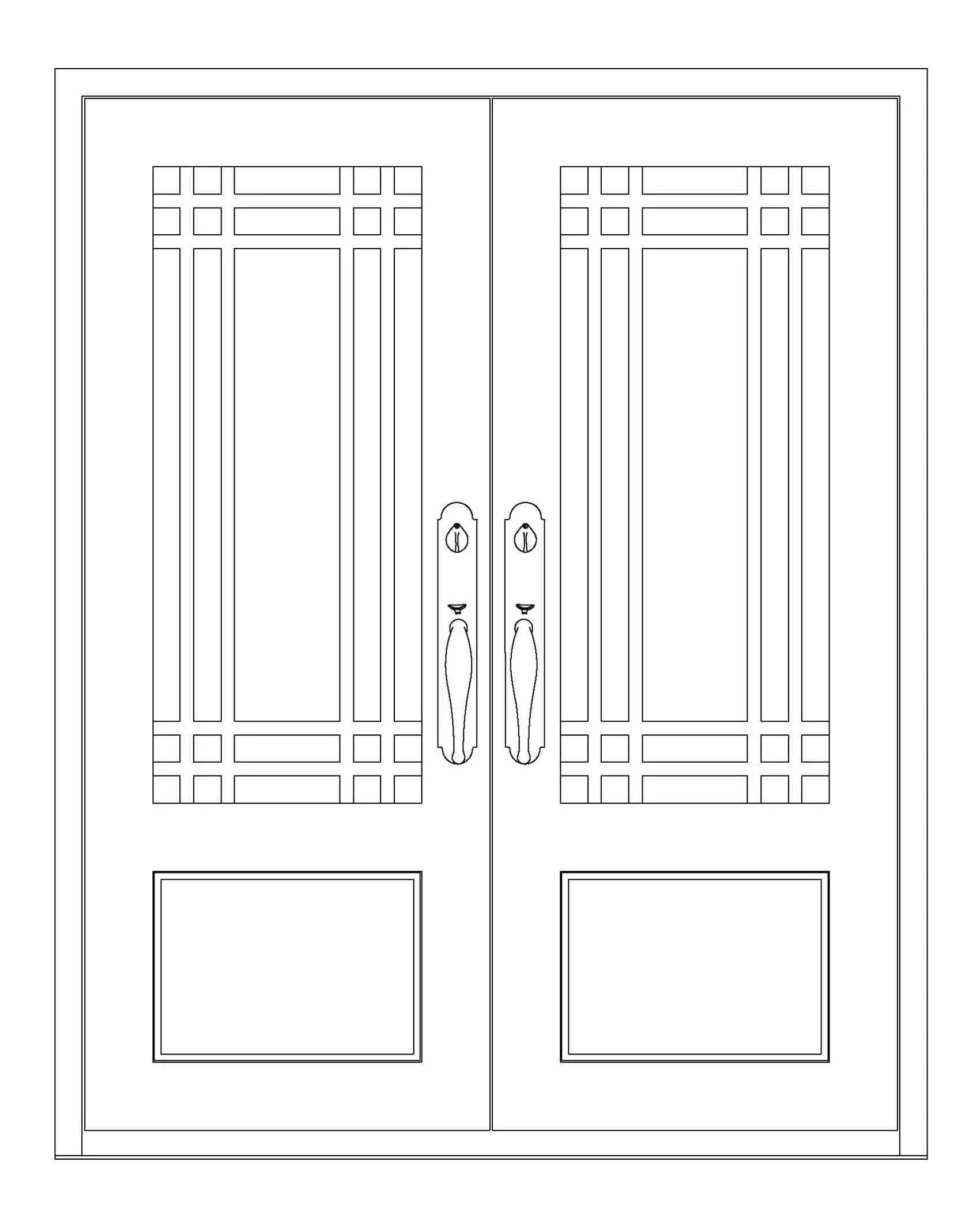 a line drawing of a double entry door with line details on each door window