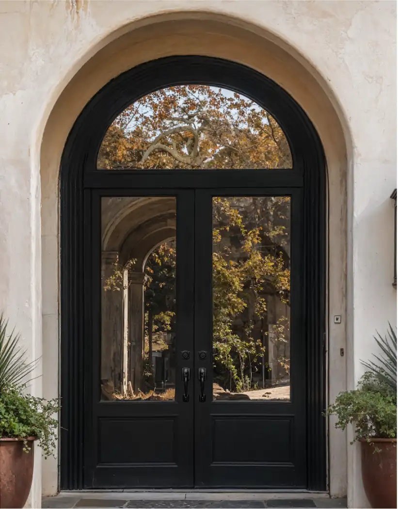 an iron double door with a black finish with large panes of glass on each door; the doors are arched at the top into a half circle