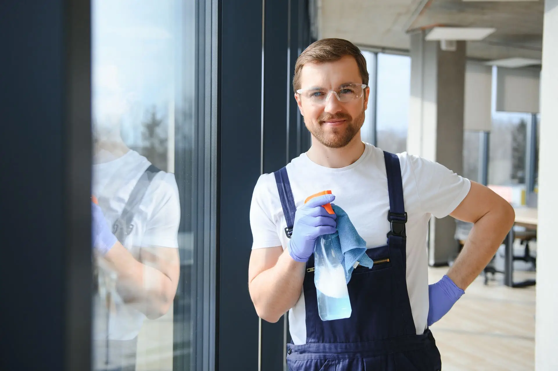 Neon Clean technician cleaning an office corridor