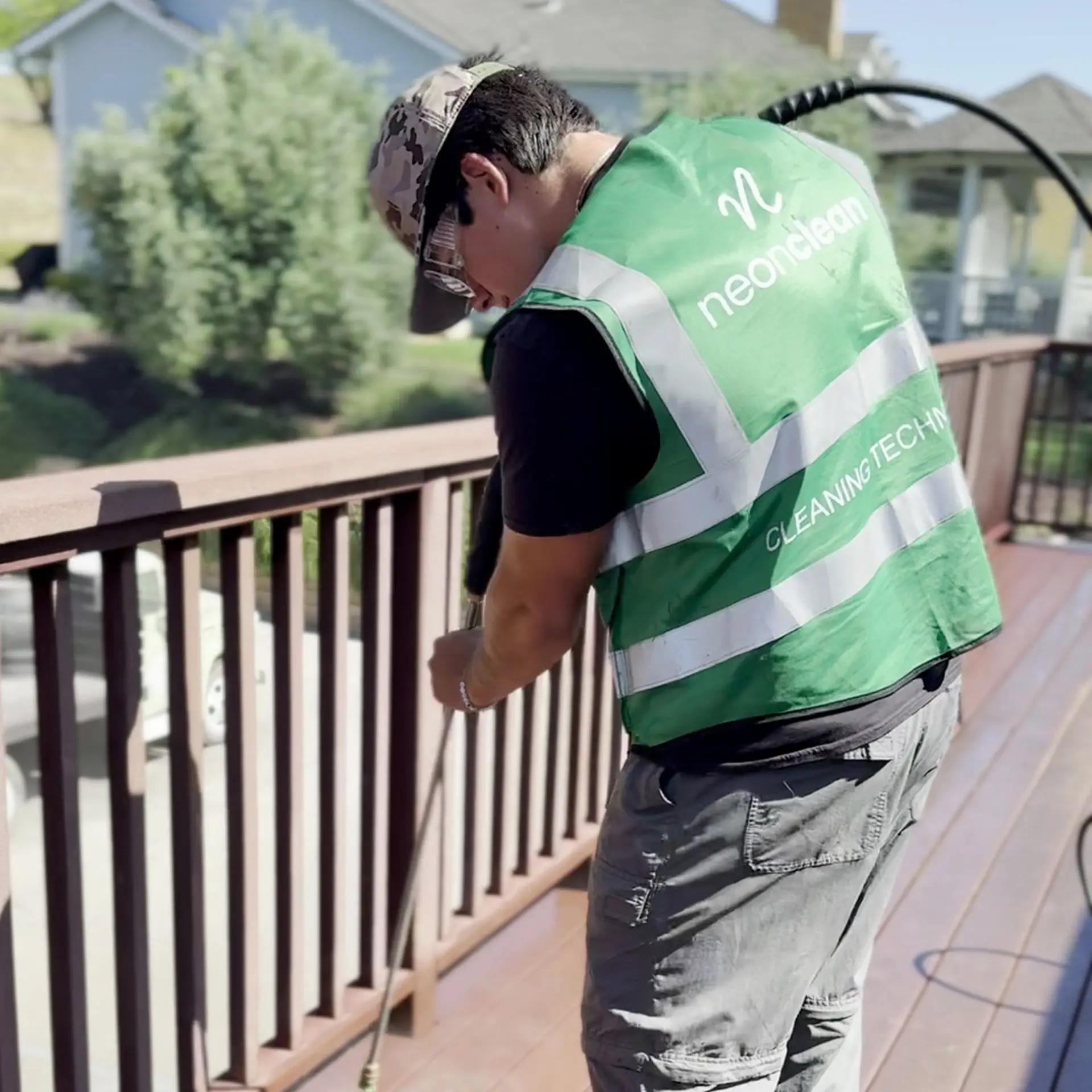 Neon Clean technician pressure washing a deck railing