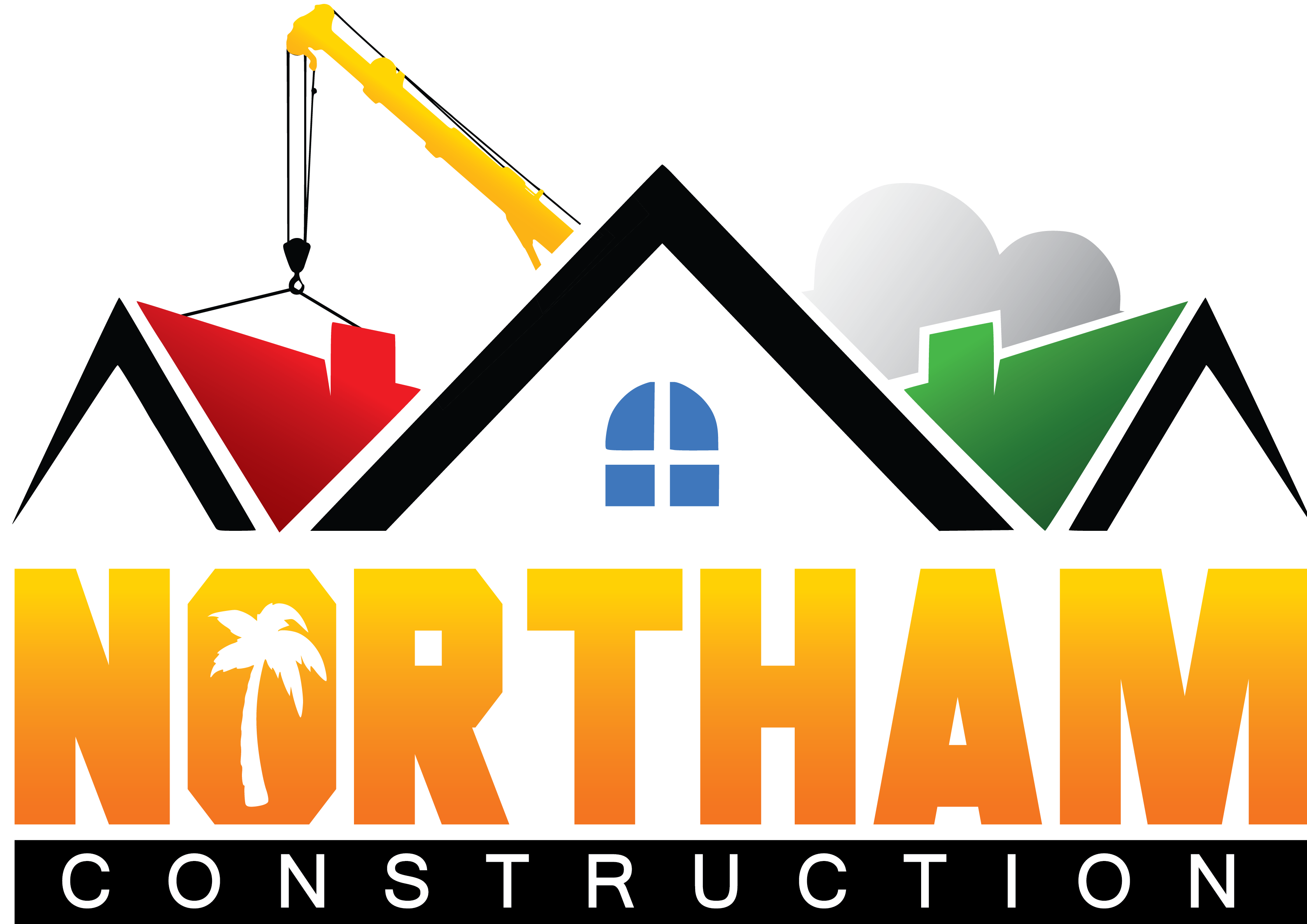 Northam Construction logo with stylized house roofs, a yellow crane lifting a red roof, a green roof with clouds, and a palm tree inside the letter O.
