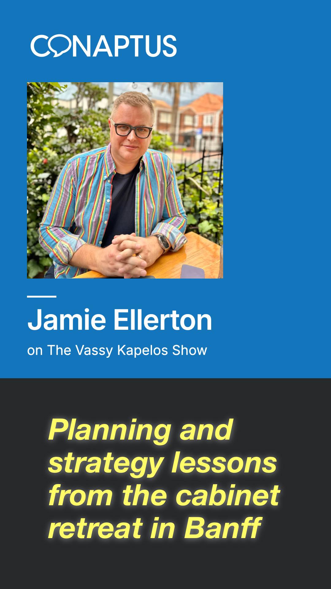 Portrait of Jamie Ellerton, linking to the YouTube clip of his appearance on Vassy Kapelos's radio show