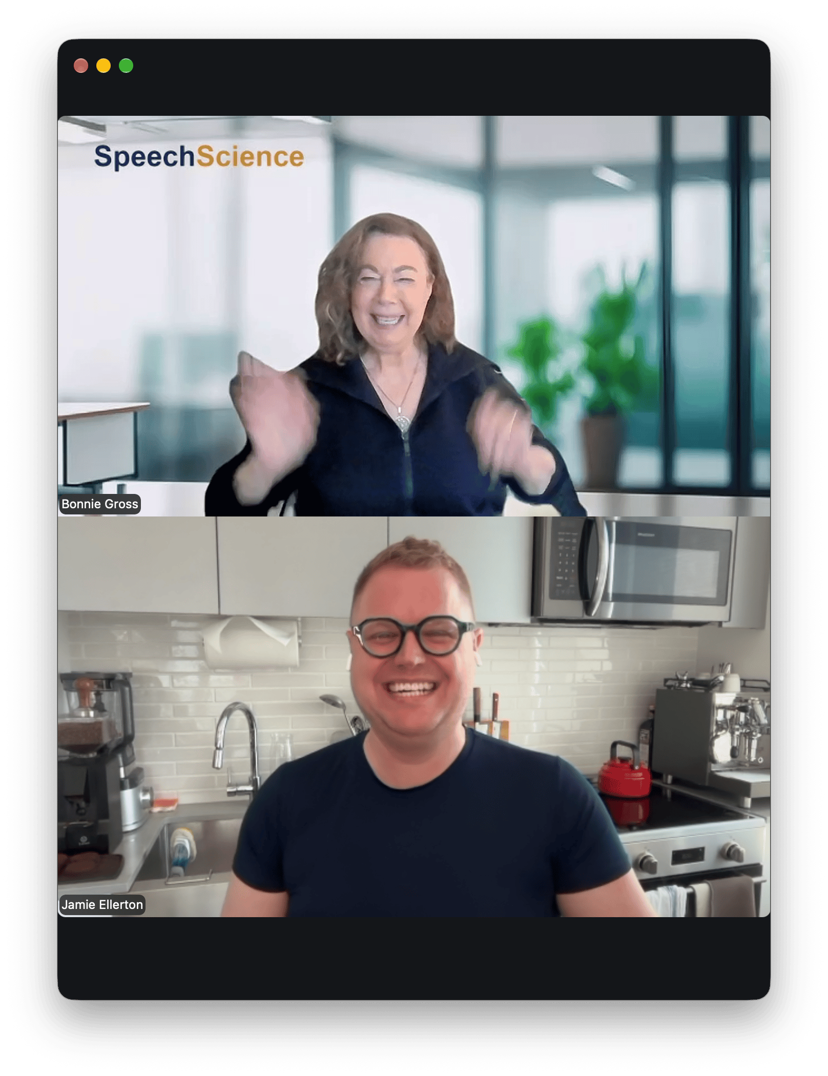 Screen capture of a speech therapy session between Bonnie Gross and Jamie Ellerton