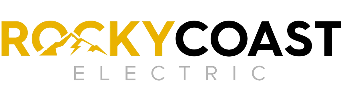 Rocky Coast Electric logo with yellow and black text and mountain design in the word Rocky.