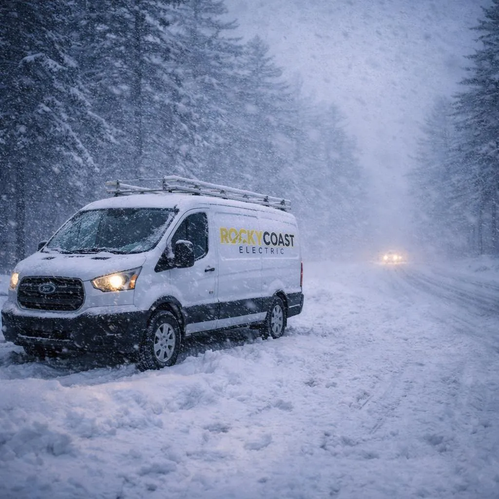 White Rocky Coast Electric van in heavy snow on a forested road at dusk with headlights on.
