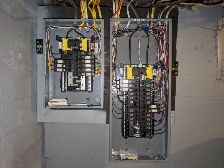 Two open gray electrical panels mounted on a wall with circuit breakers and wiring.