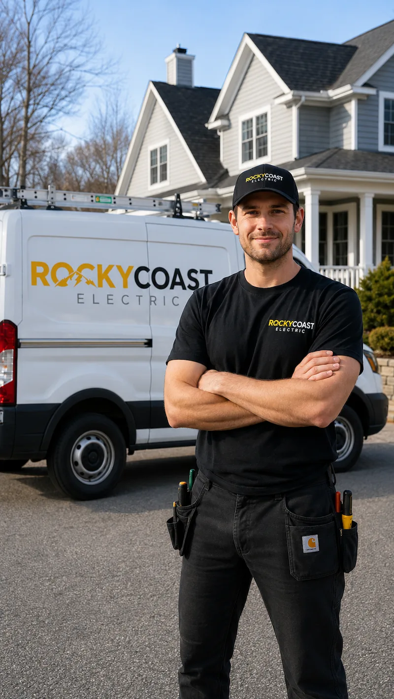 Electrician in black Rocky Coast Electric shirt and cap stands with arms crossed in front of company van.