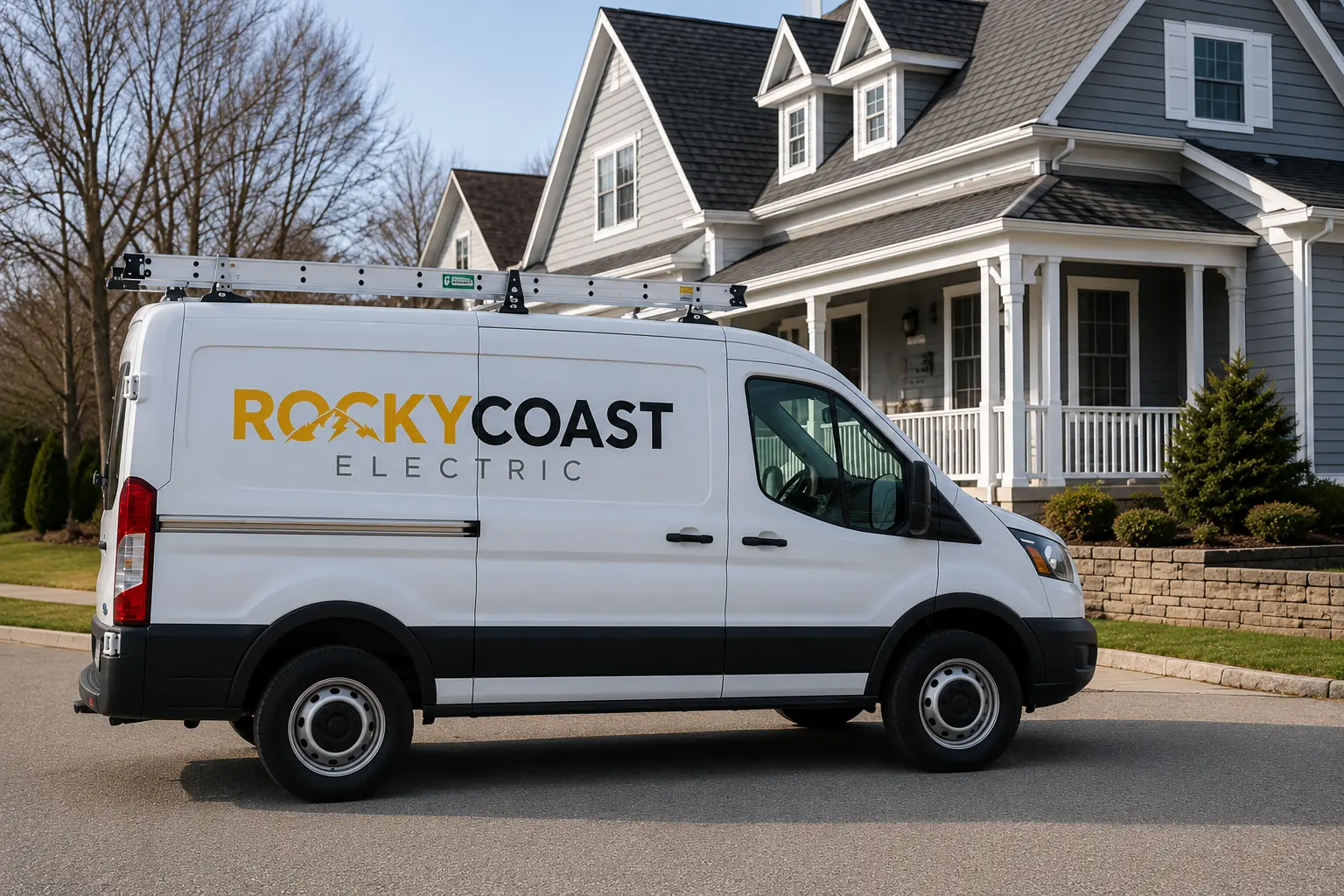 White service van with Rocky Coast Electric logo parked in front of a gray house with porch.