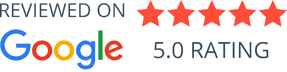 Google Reviews text with a five-star rating in yellow stars below the Google logo.
