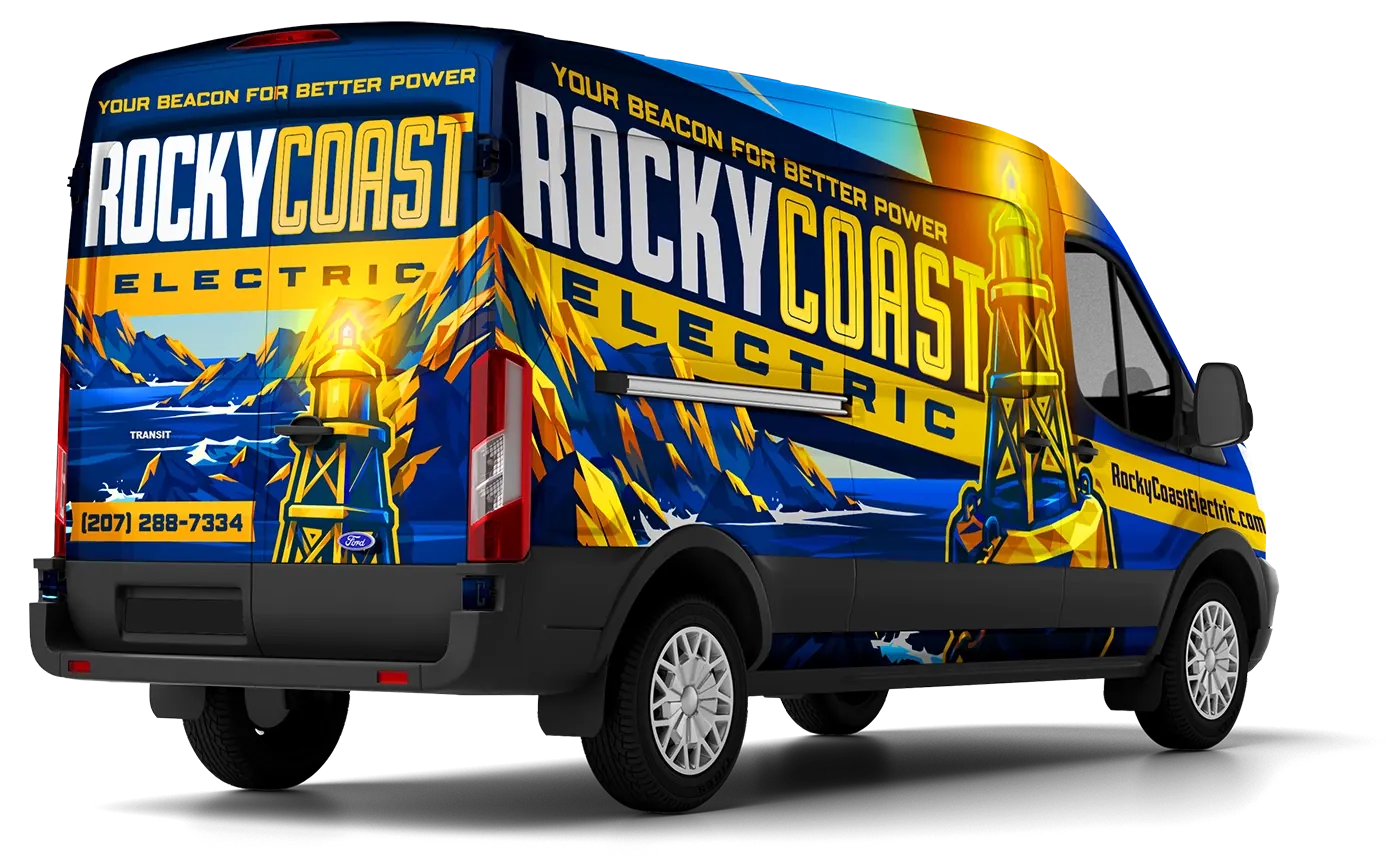 Blue and yellow van with Rocky Coast Electric branding featuring a lighthouse and mountains design.
