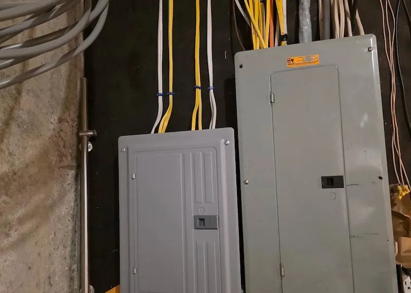 Two gray electrical panels mounted on a dark wall with multiple yellow and white cables leading into them.