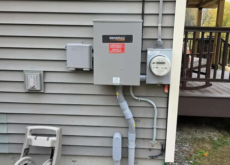 House exterior showing a Generac emergency disconnect electrical box and utility meter on gray siding.