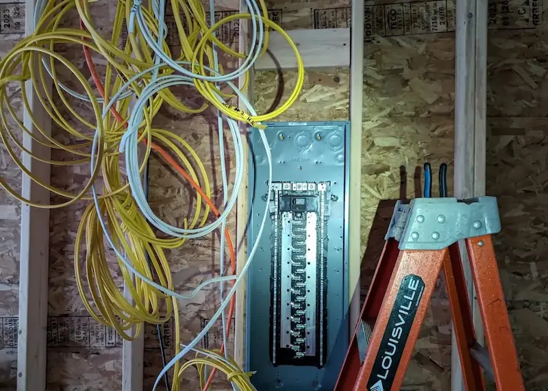 Electrical panel with multiple circuit breakers surrounded by coiled cables and an orange Louisville ladder.