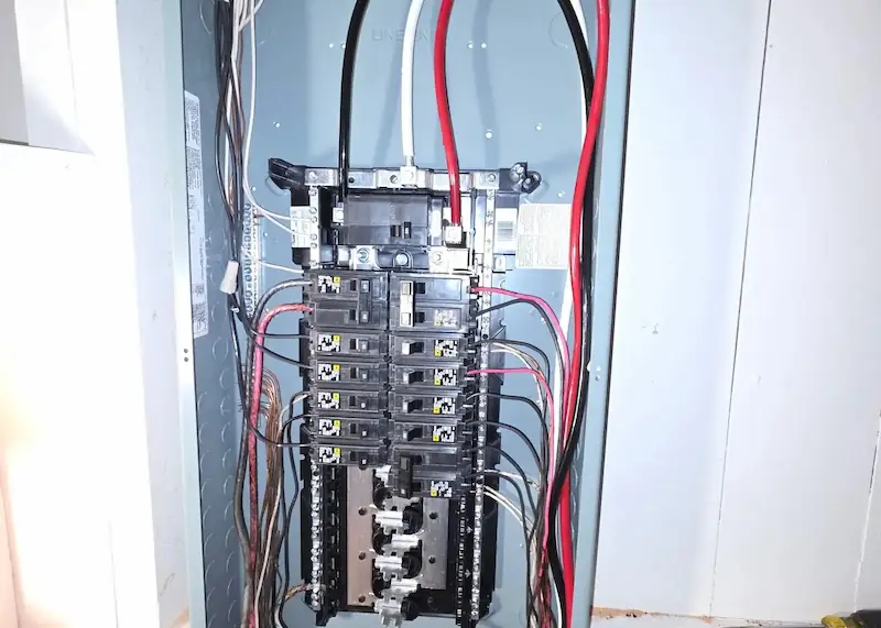 Open electrical panel with multiple circuit breakers and colored wiring inside a wall.