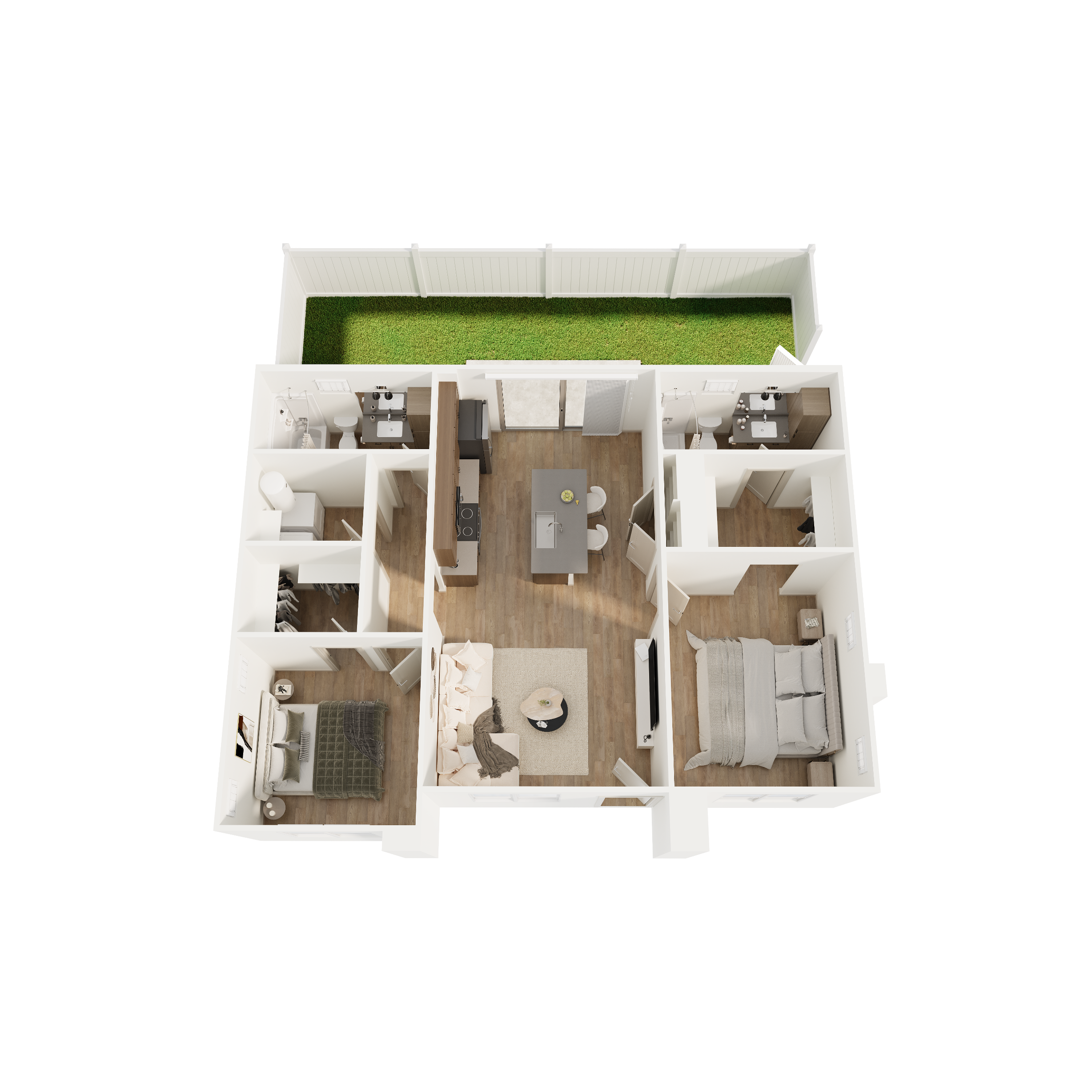 2-bedroom, 2-bath townhome floor plan at The Ranches at Gunsmoke in Maricopa, AZ featuring an open-concept living area, modern kitchen, spacious bedrooms, private yard, and attached garage.