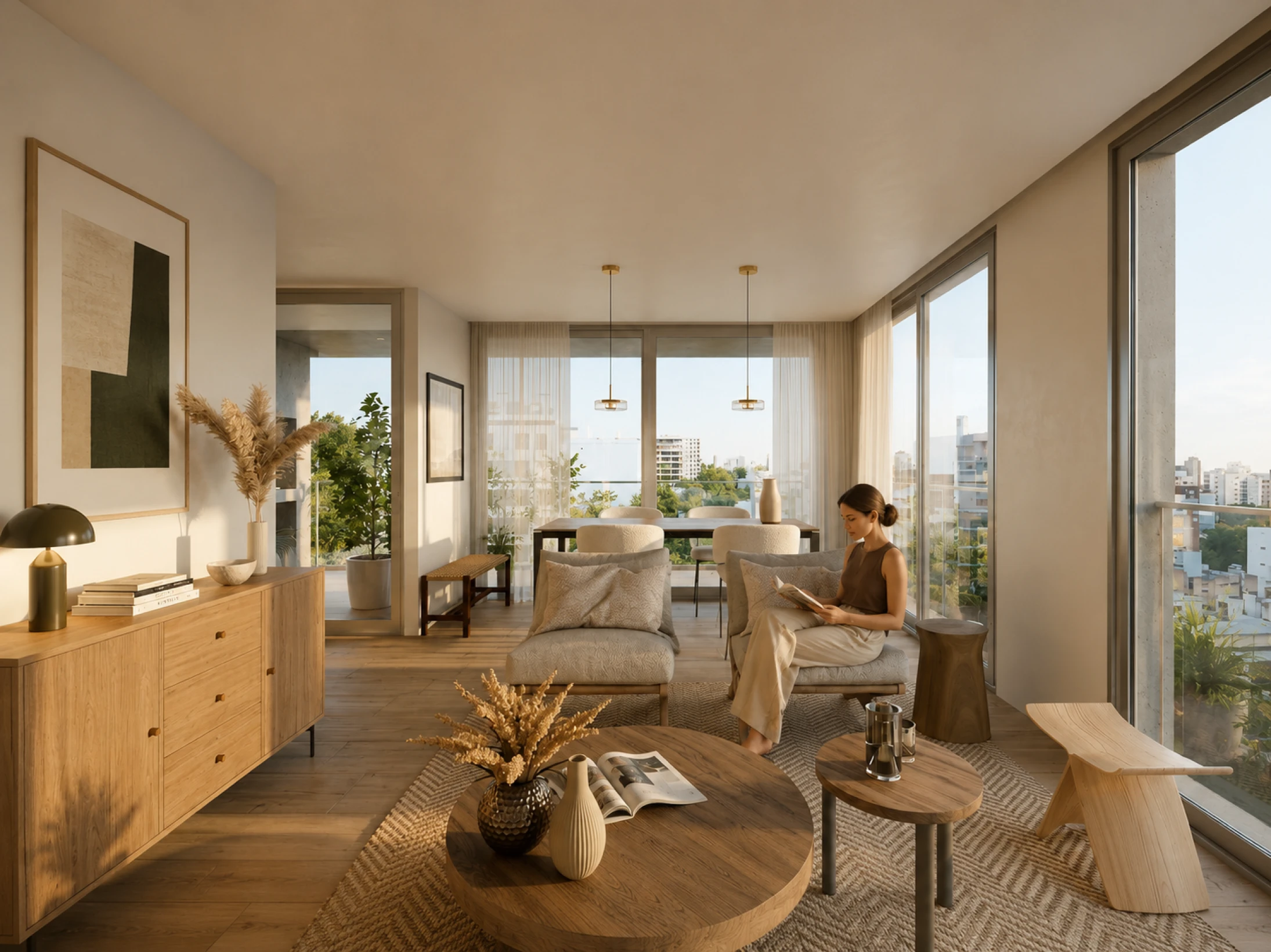 Modern living room with wooden furniture, large windows, and a woman reading on a lounge chair.