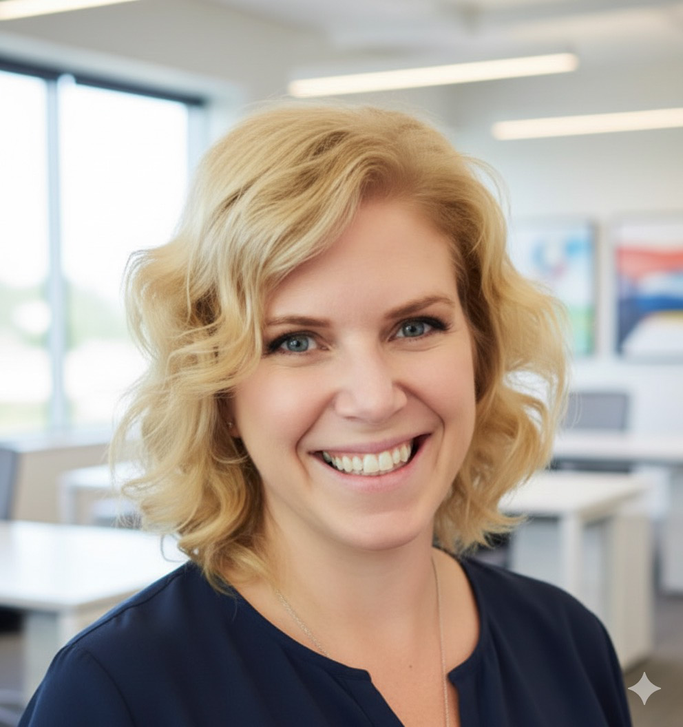 Smiling woman with short curly blonde hair in a bright office setting wearing a dark blouse.