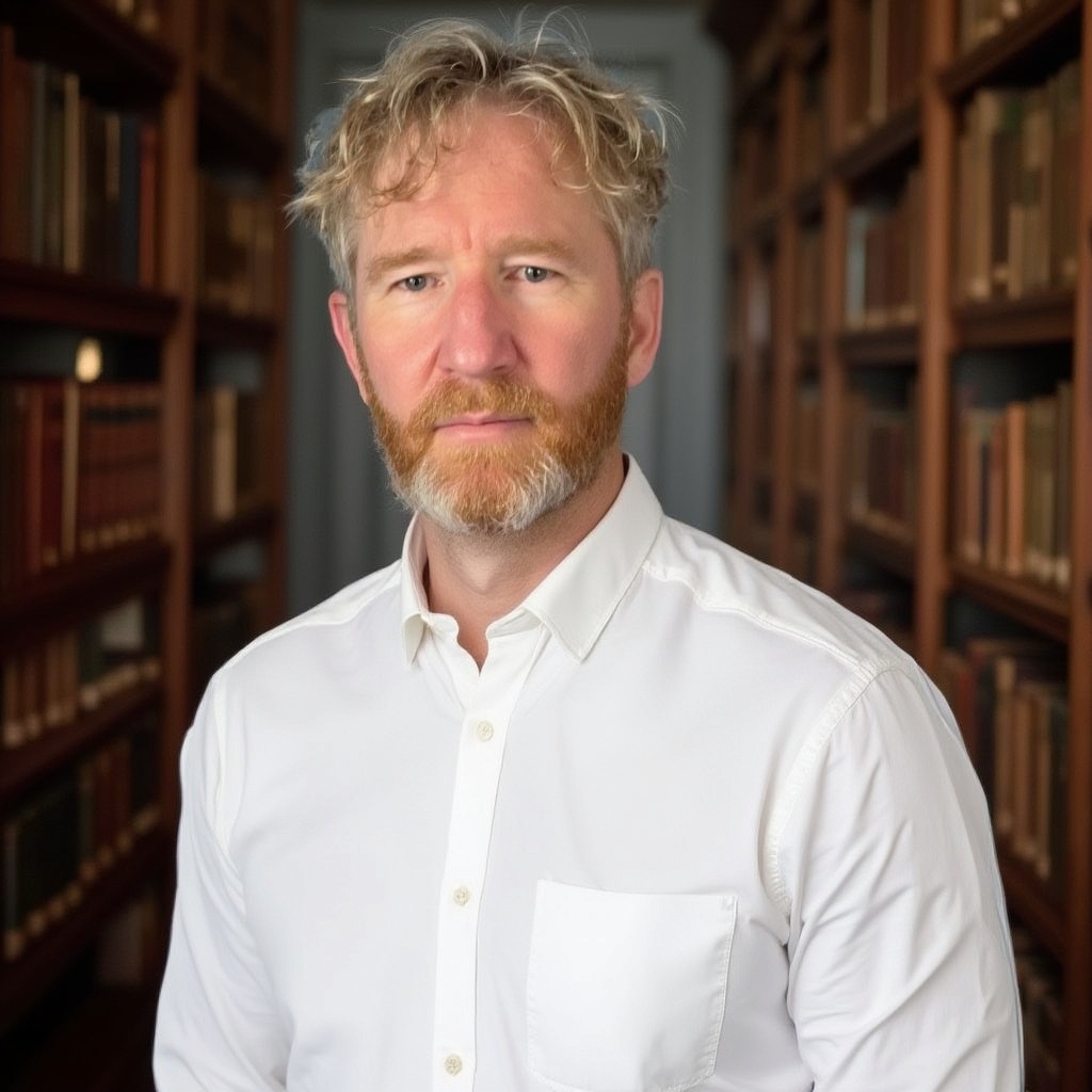 Man with blond curly hair and red beard wearing a white shirt standing in a library aisle.
