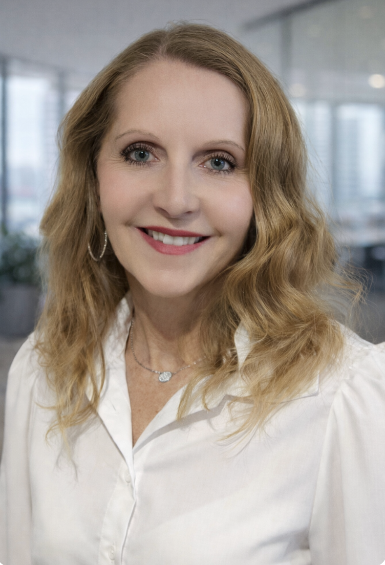 Smiling woman with wavy blonde hair wearing white blouse and silver necklace indoors.