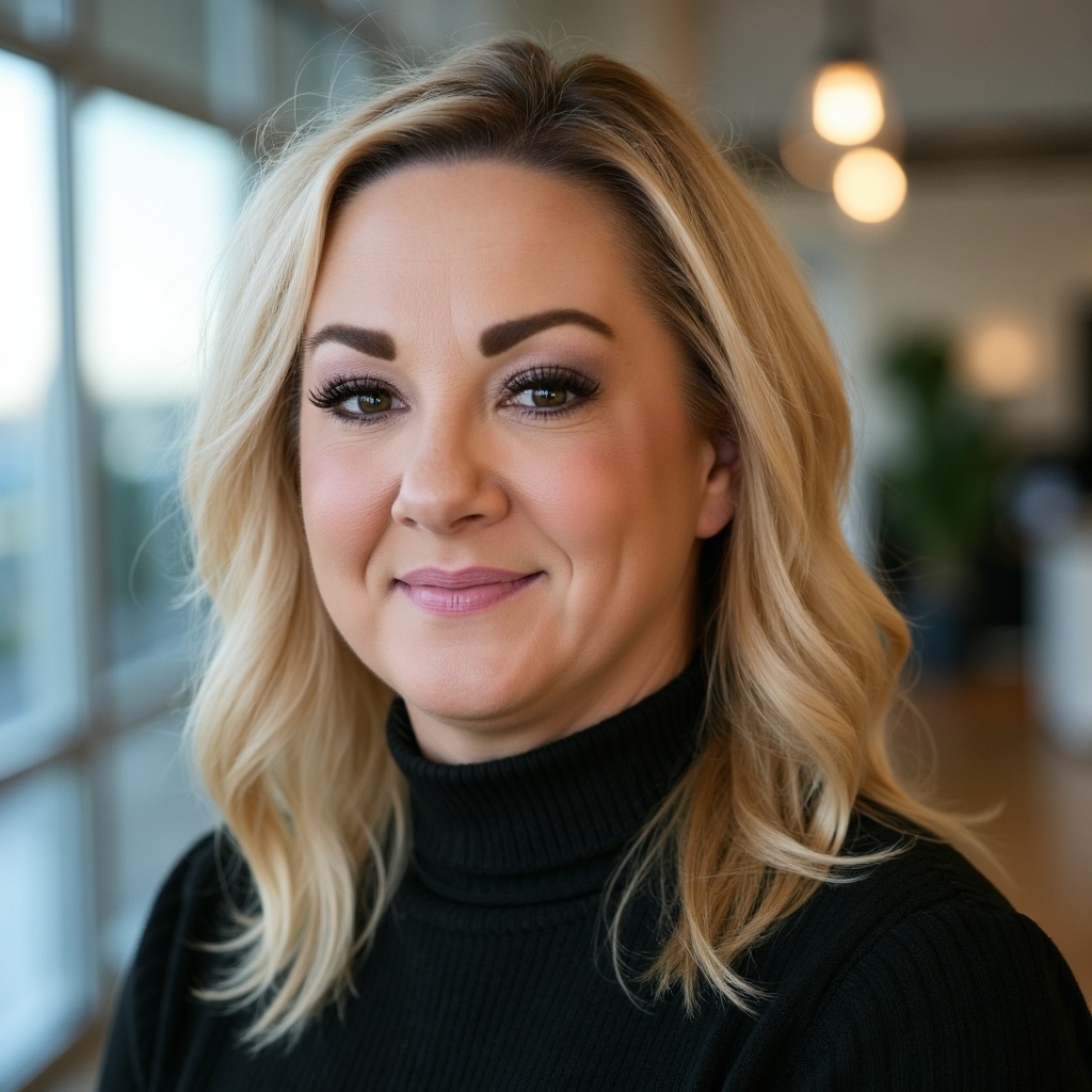 Blonde woman with curled hair wearing a black turtleneck sweater, smiling softly indoors.