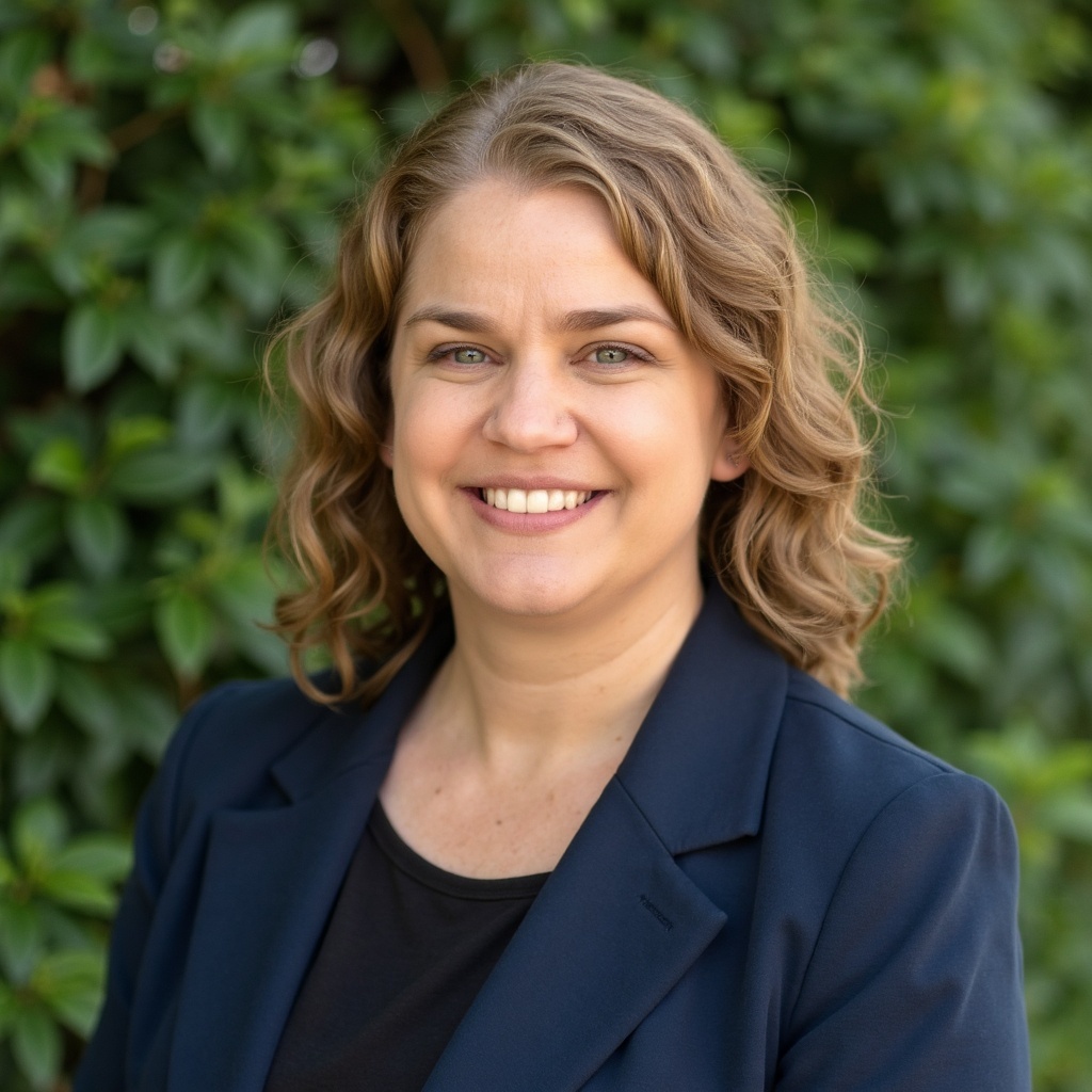 Smiling woman with curly blonde hair wearing a navy blazer against green leafy background.