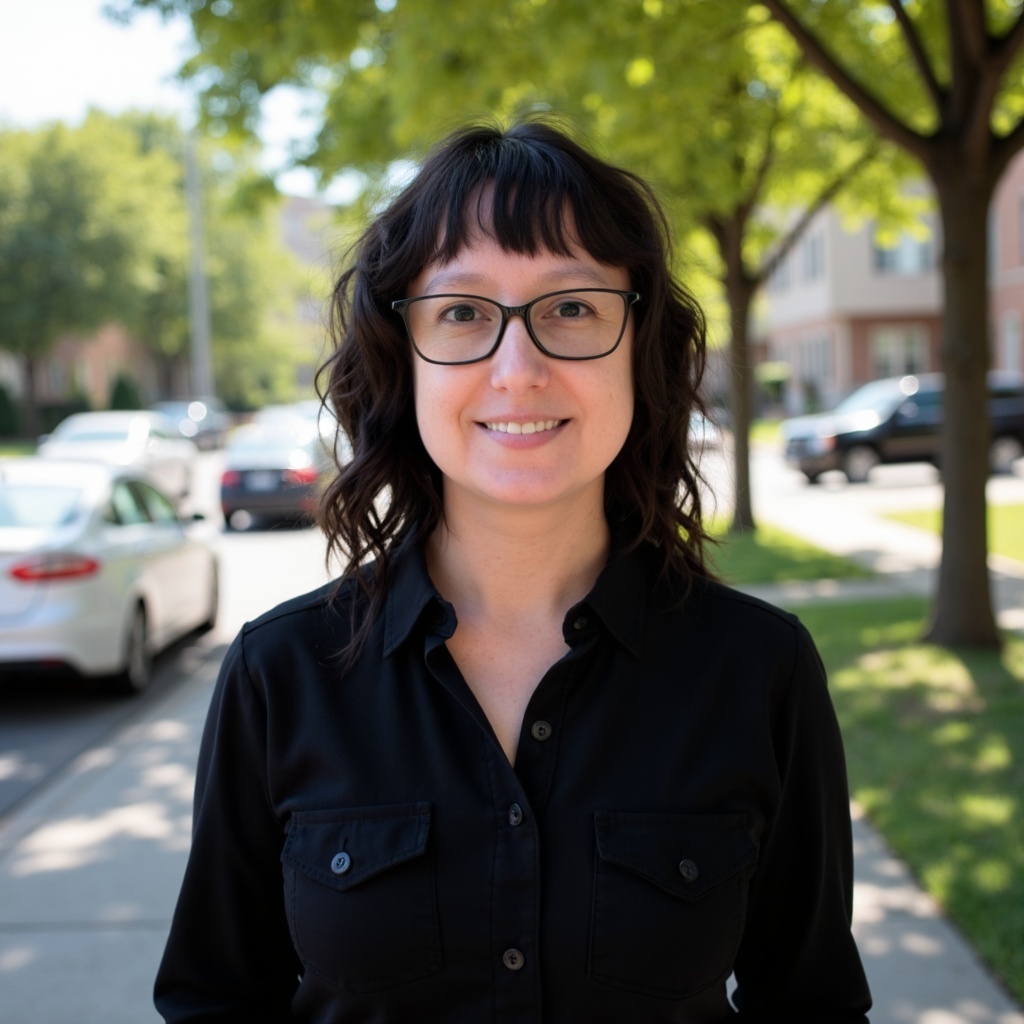 Smiling woman with glasses and wavy hair wearing a black shirt, standing on a tree-lined street.