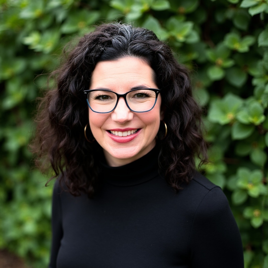 Smiling woman with curly dark hair, glasses, and hoop earrings wearing a black turtleneck outdoors.