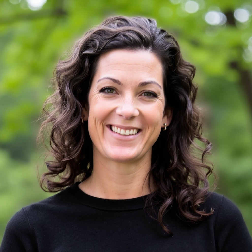 Smiling woman with curly dark hair wearing a black top, outdoors with green foliage background.