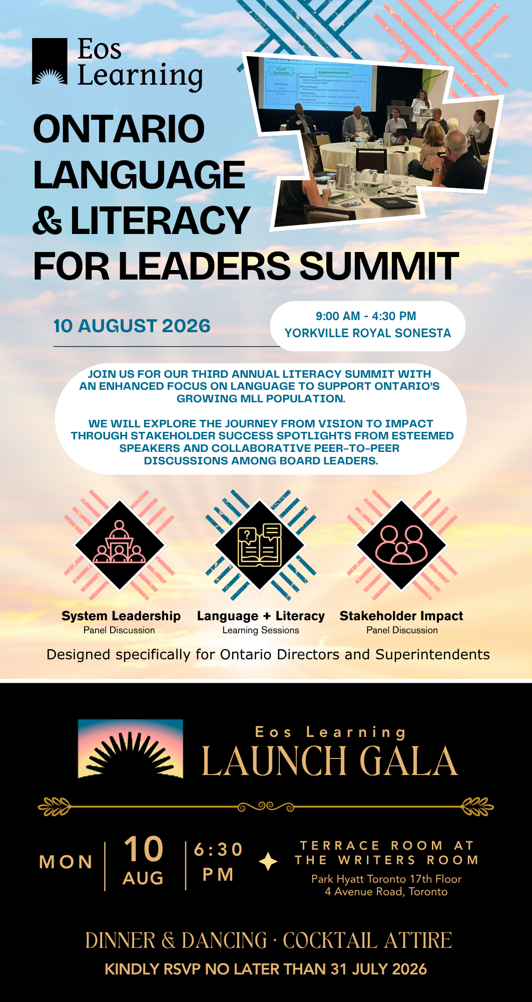 Poster for Ontario Language & Literacy Summit Aug 10 and Eos Learning Launch Gala Aug 10 in Toronto.