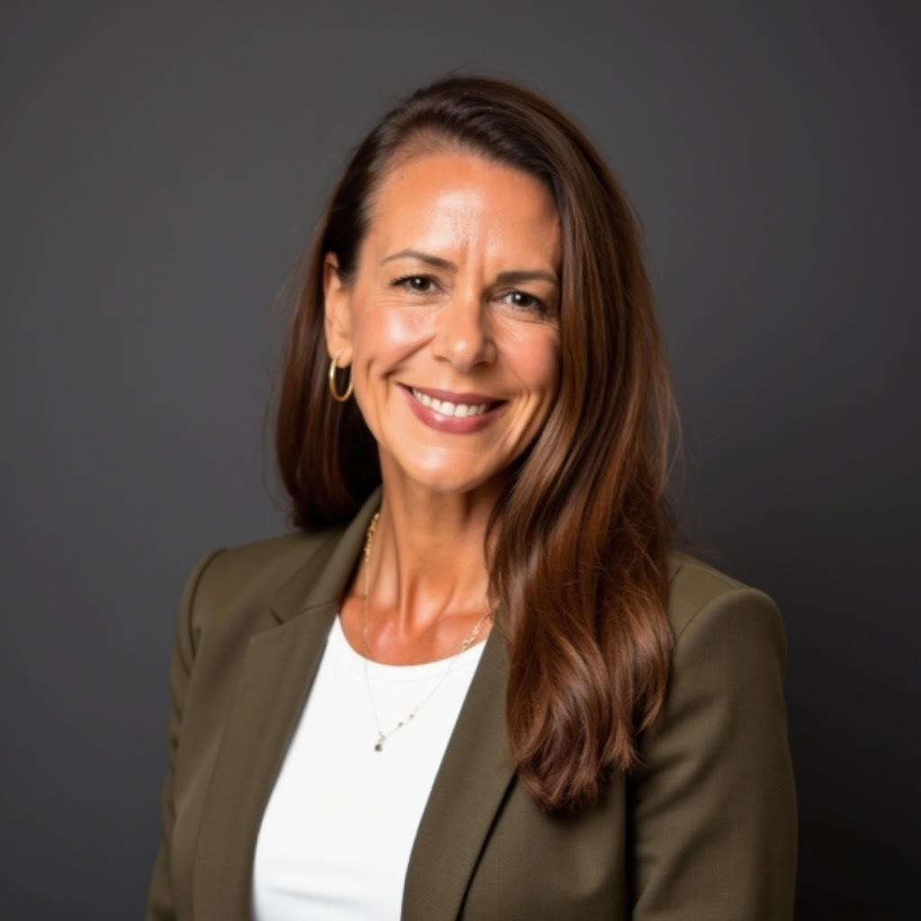 Smiling woman with long brown hair wearing an olive blazer and white top against a gray background.