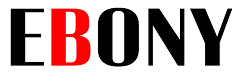 EBONY text logo with the letter B in red and the rest in black.