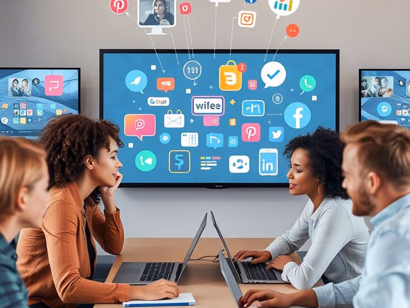 Four people in a meeting room with laptops, discussing social media icons displayed on a large screen.
