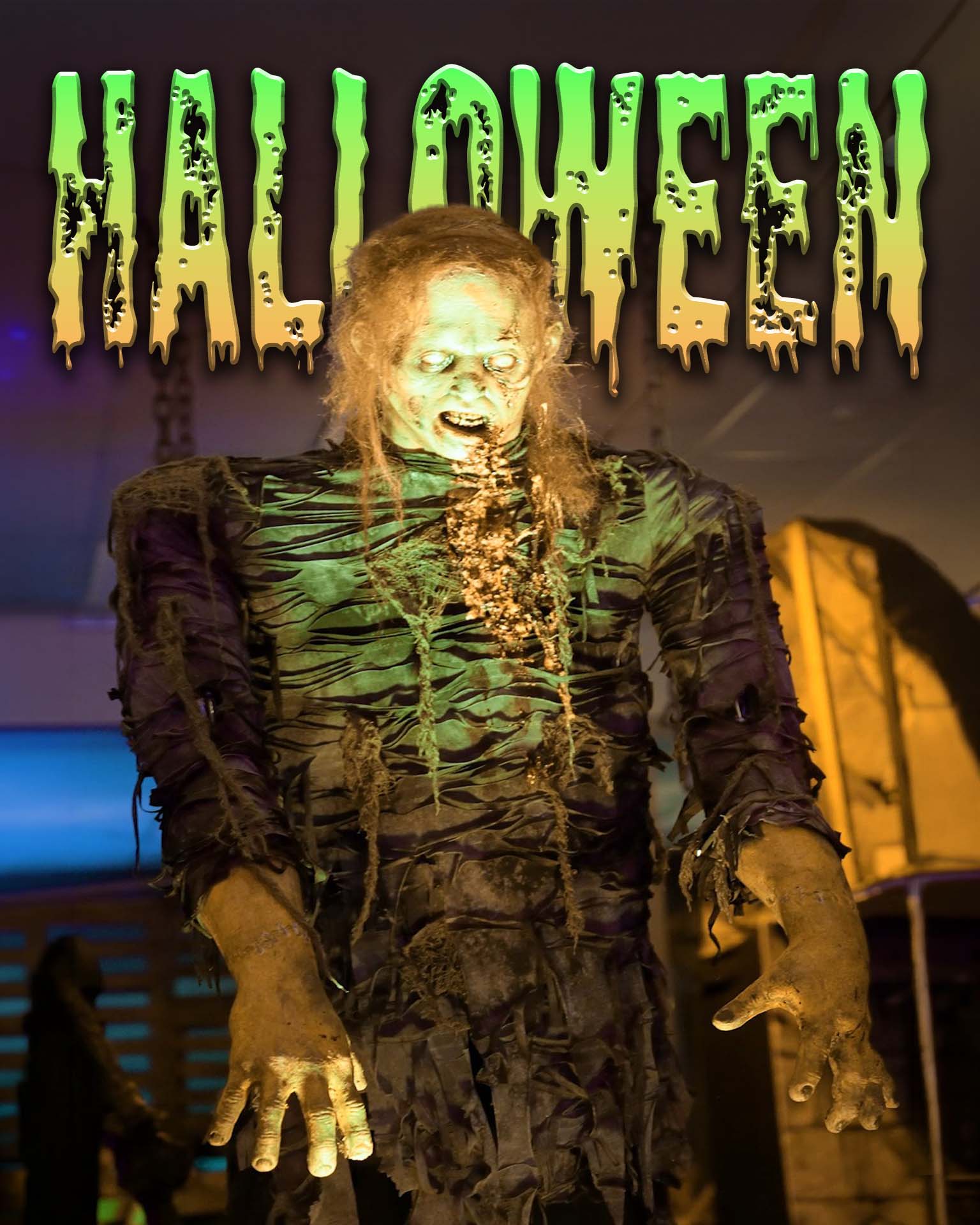 Zombie figure with decayed skin and torn clothes under green Halloween text with a dark background.