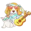 A beagle dog and a white cat wearing colorful glasses and scarves. The dog is holding up a piece sign and holding a guitar.