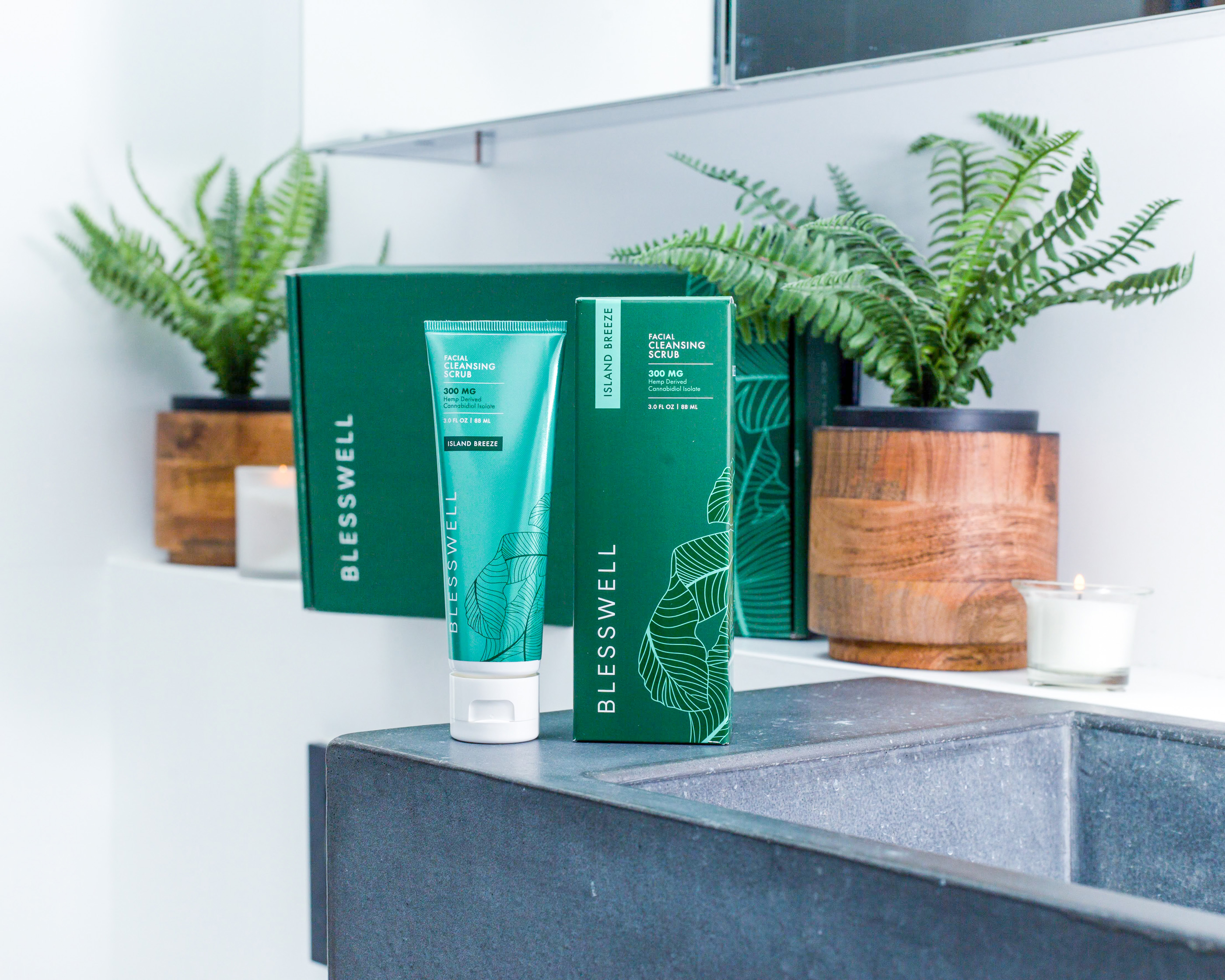 Tantrum Agency branding and packaging for BLESSWELL featuring the men’s grooming collection in a wellness-inspired setting