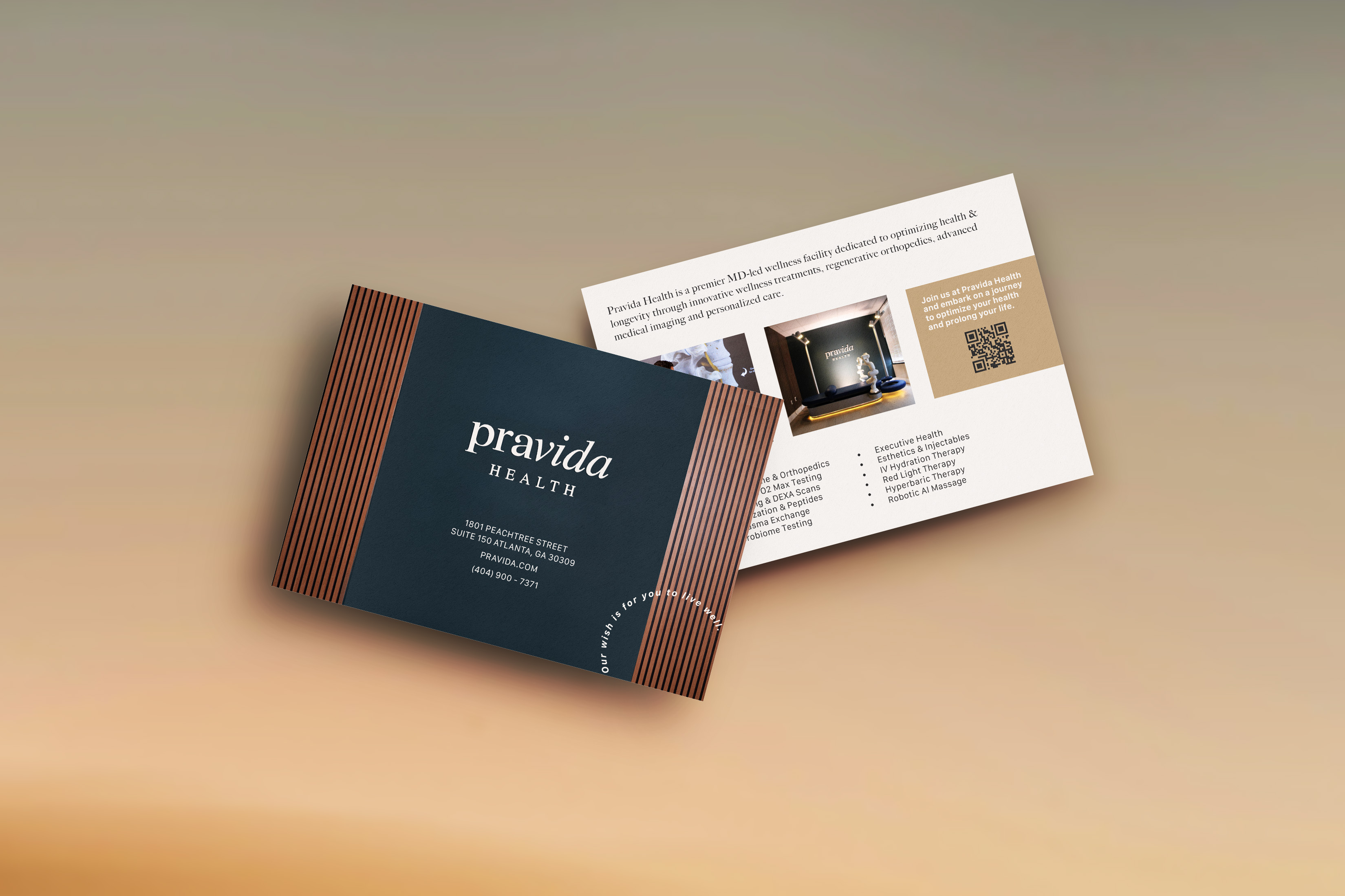 Tantrum Agency Pravida Health branding applied to a wellness and longevity postcard