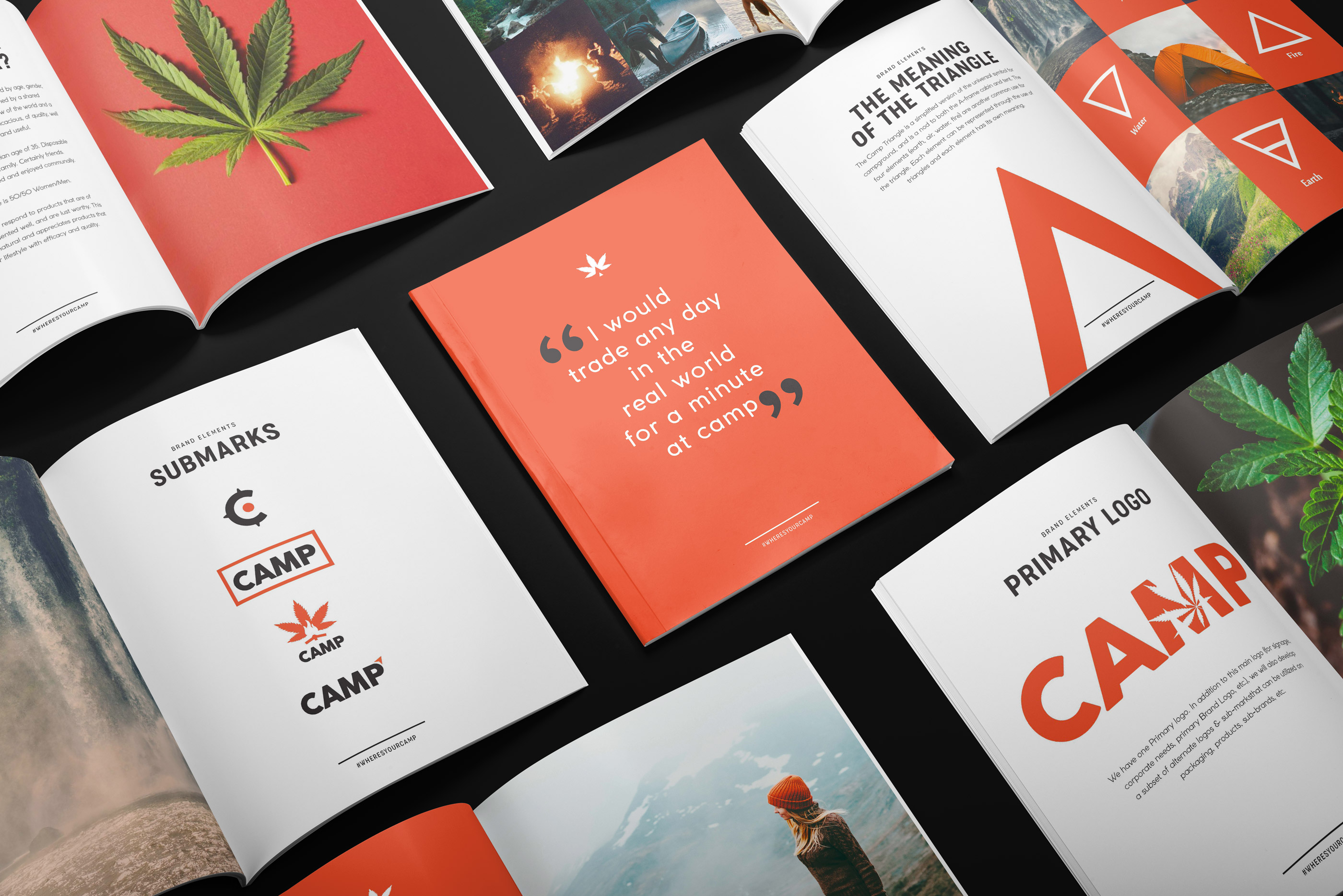 Tantrum Agency CAMP brand identity applied to a printed brochure featuring the cannabis brand’s visual system