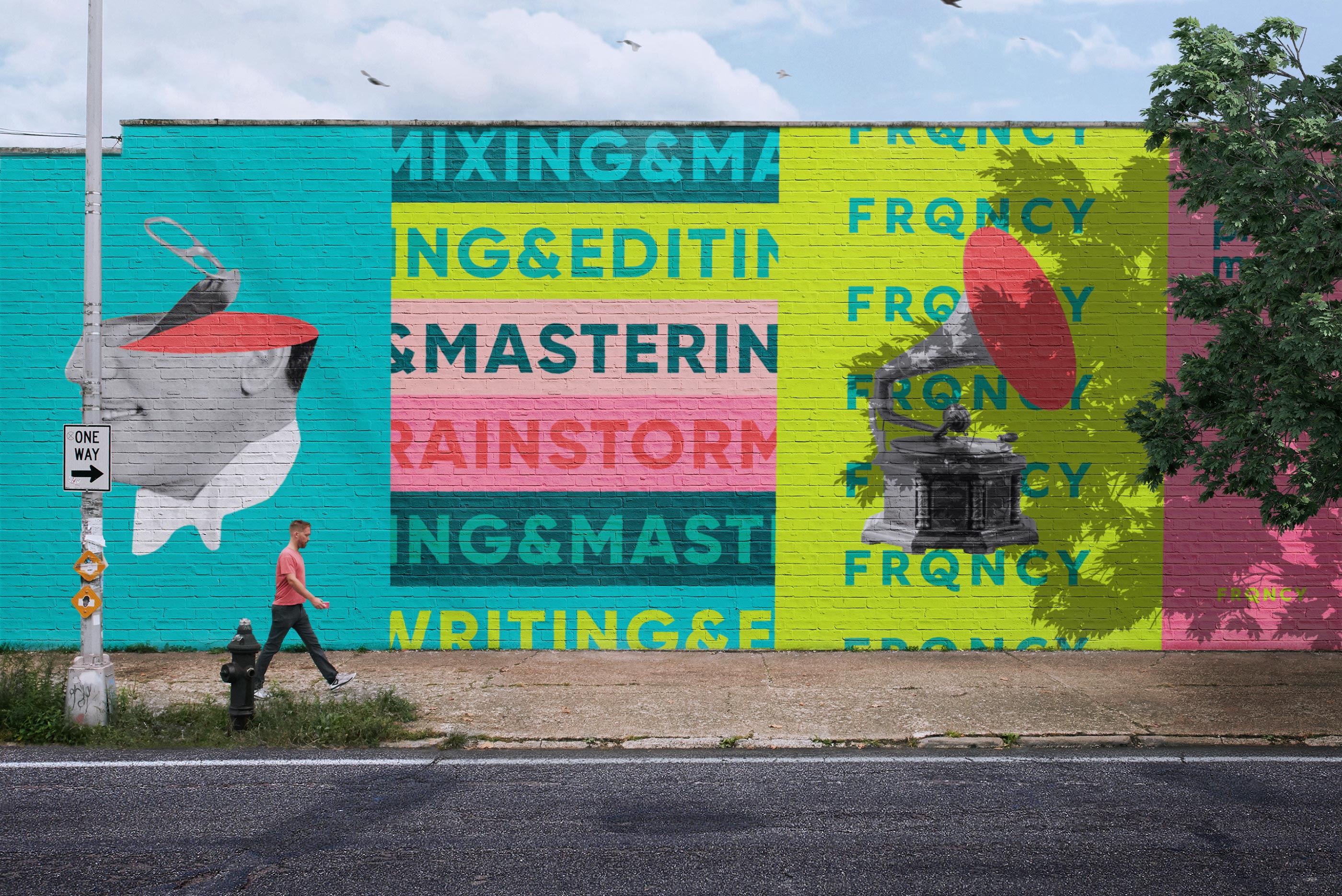 Tantrum Agency FRQNCY Media rebrand displayed as a colorful street mural inspired by audio culture