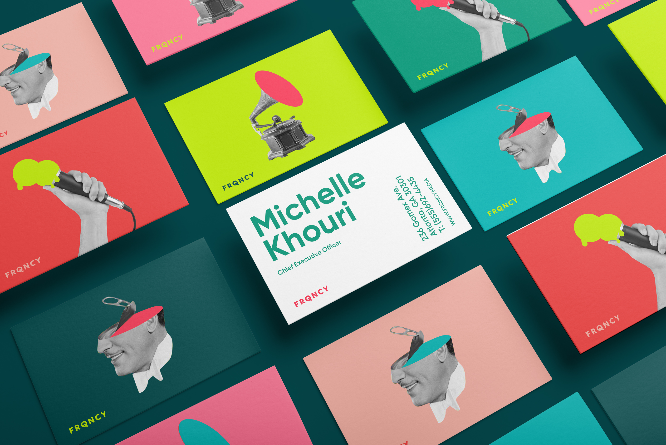 FRQNCY Media business cards featuring the brand identity created by Tantrum Agency