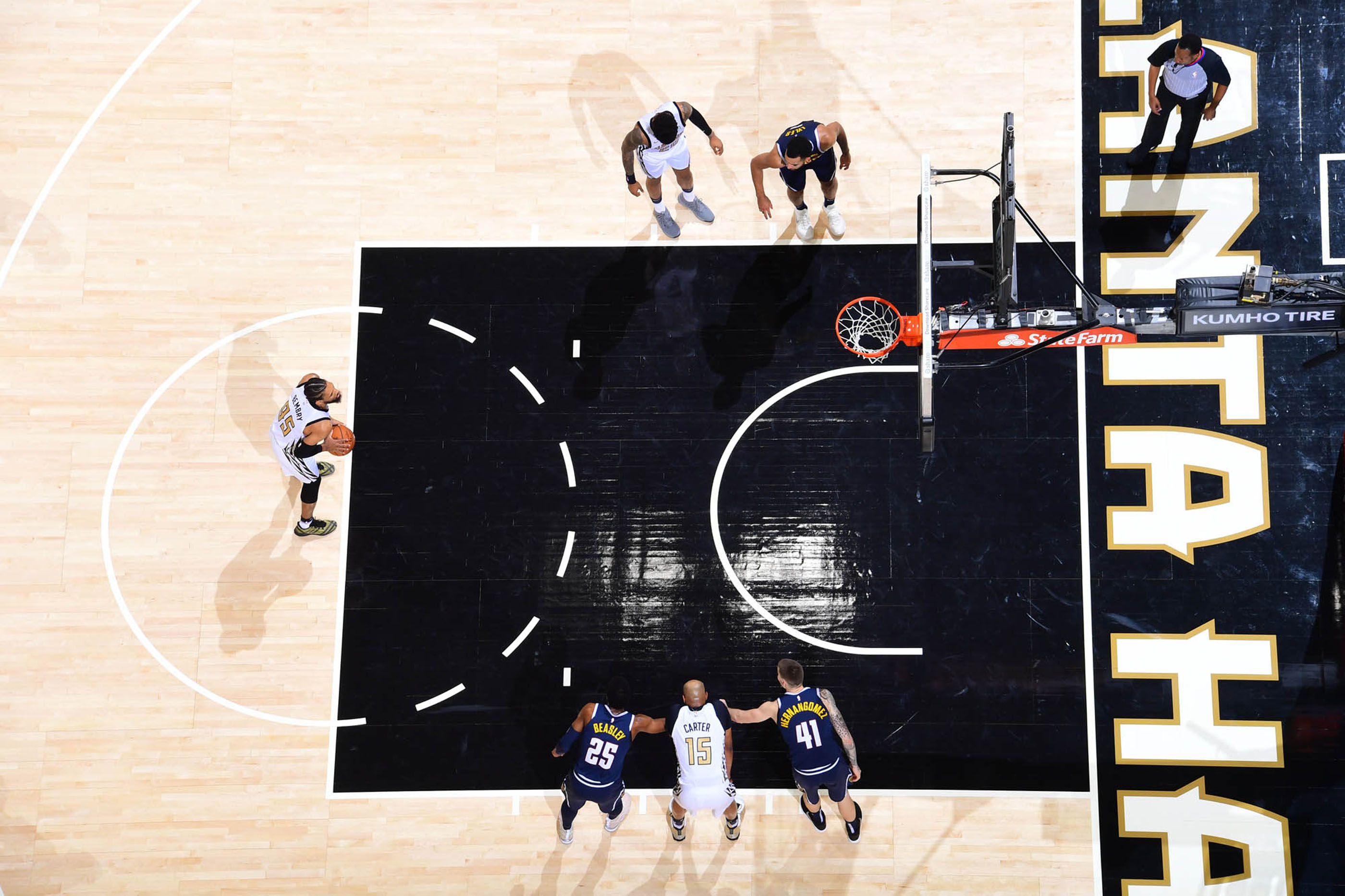 Tantrum Agency Atlanta Hawks 50th anniversary court design shown during live basketball action from above