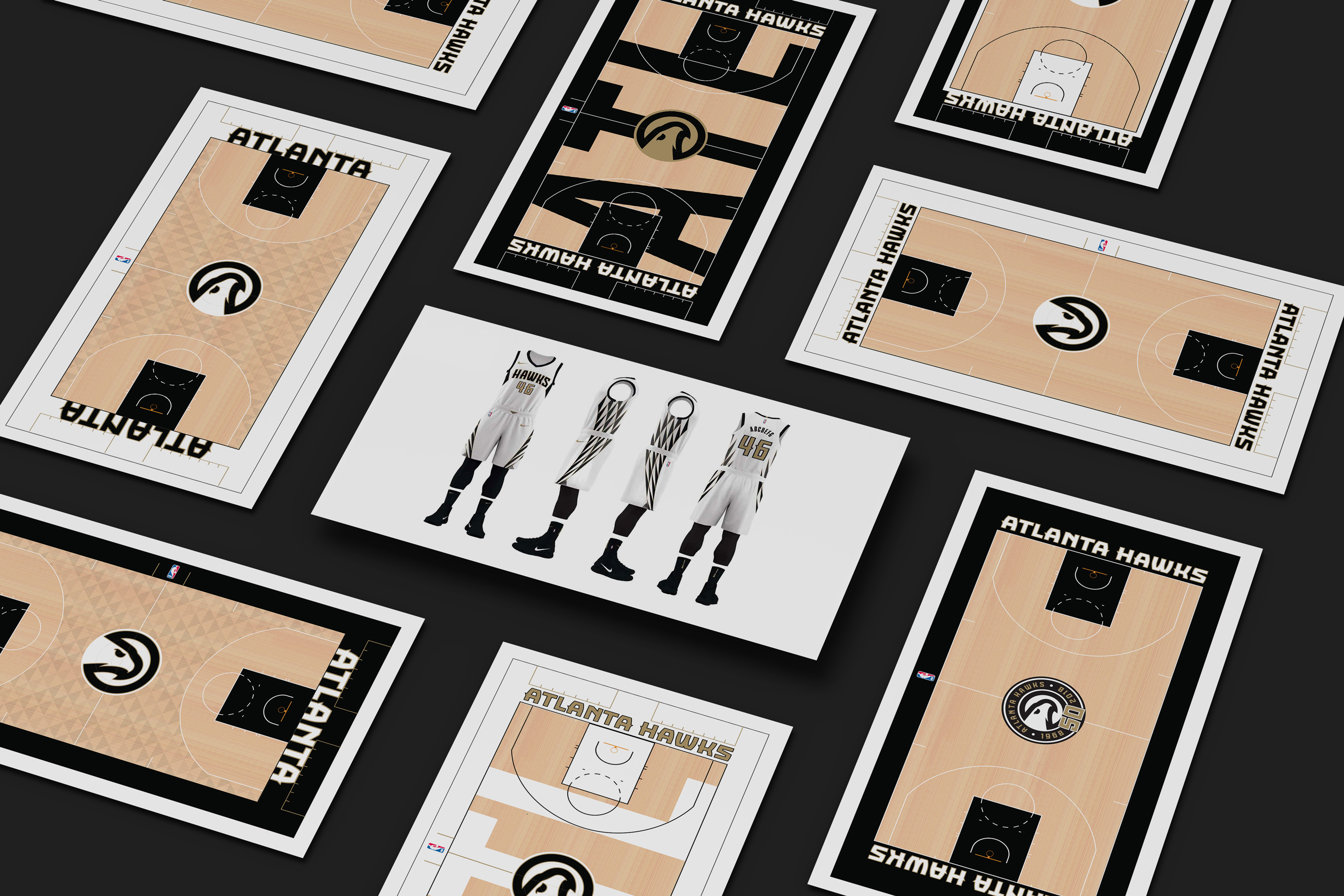 Tantrum Agency Atlanta Hawks 50th anniversary brand system shown through logo, uniform and basketball court design concepts