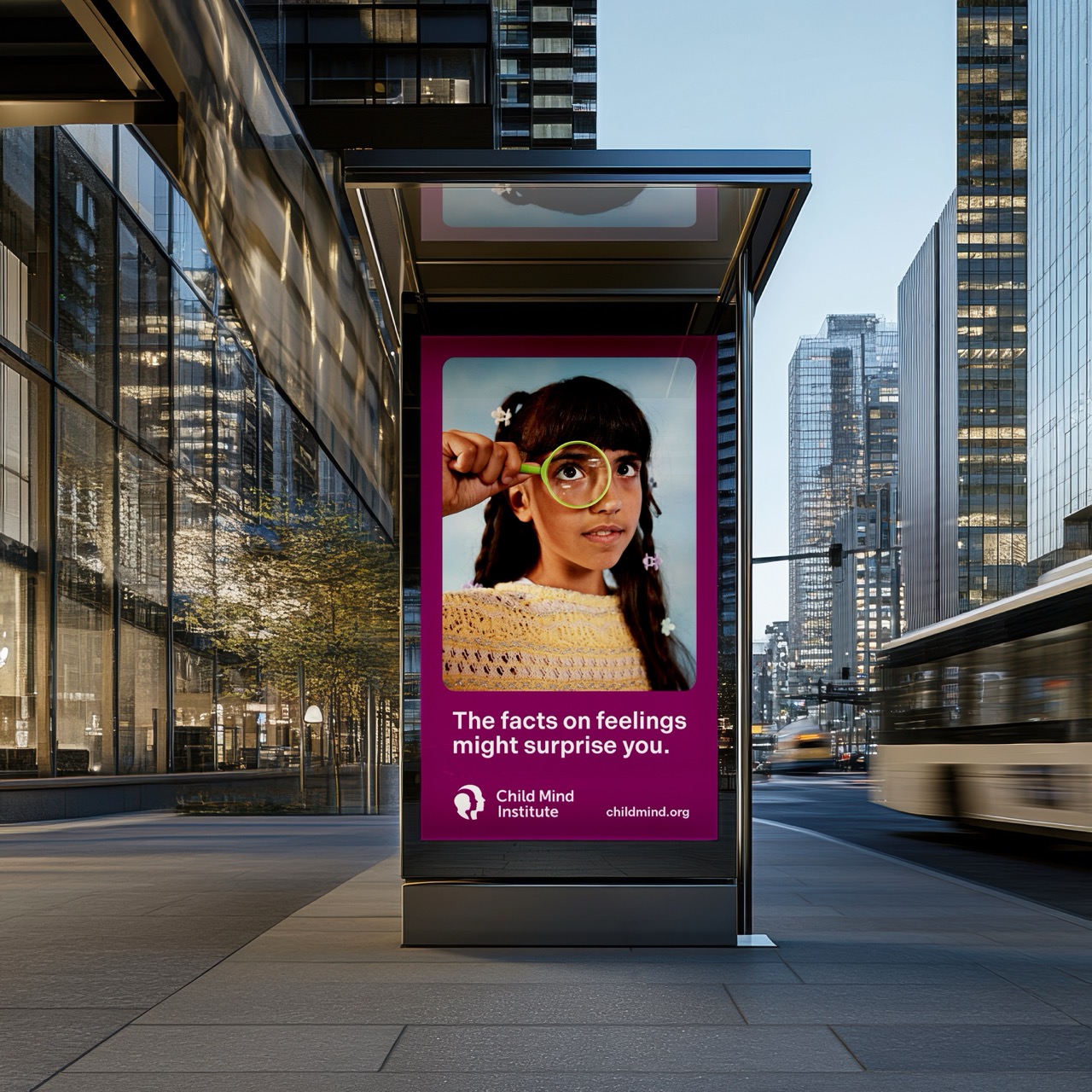 Tantrum Agency Feelings Meet Facts campaign for Child Mind Institute displayed on a public bus shelter in New York City