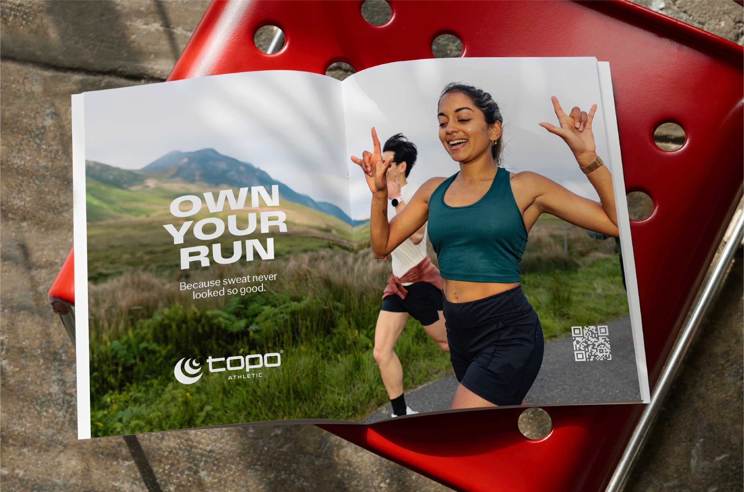 Topo Athletic Embrace the Journey brand system by Tantrum Agency shown across a magazine layout ad