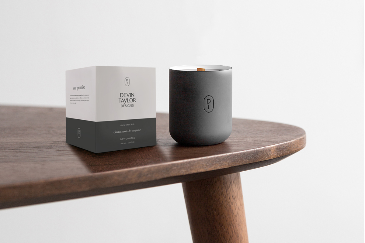 Devin Taylor Designs branded candle featuring the visual identity created by Tantrum Agency