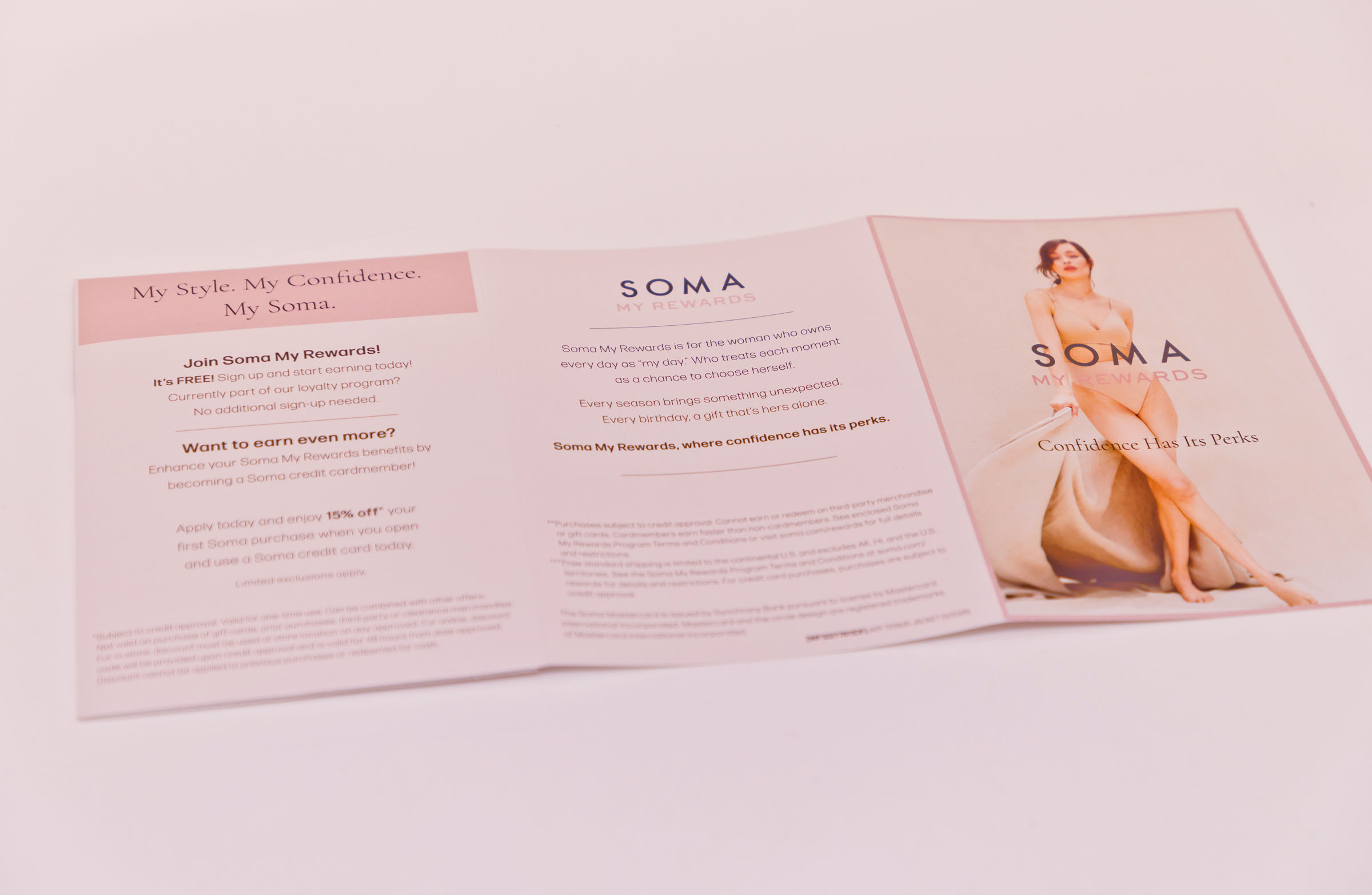 Soma My Rewards brand and loyalty system by Tantrum Agency shown across physical program materials